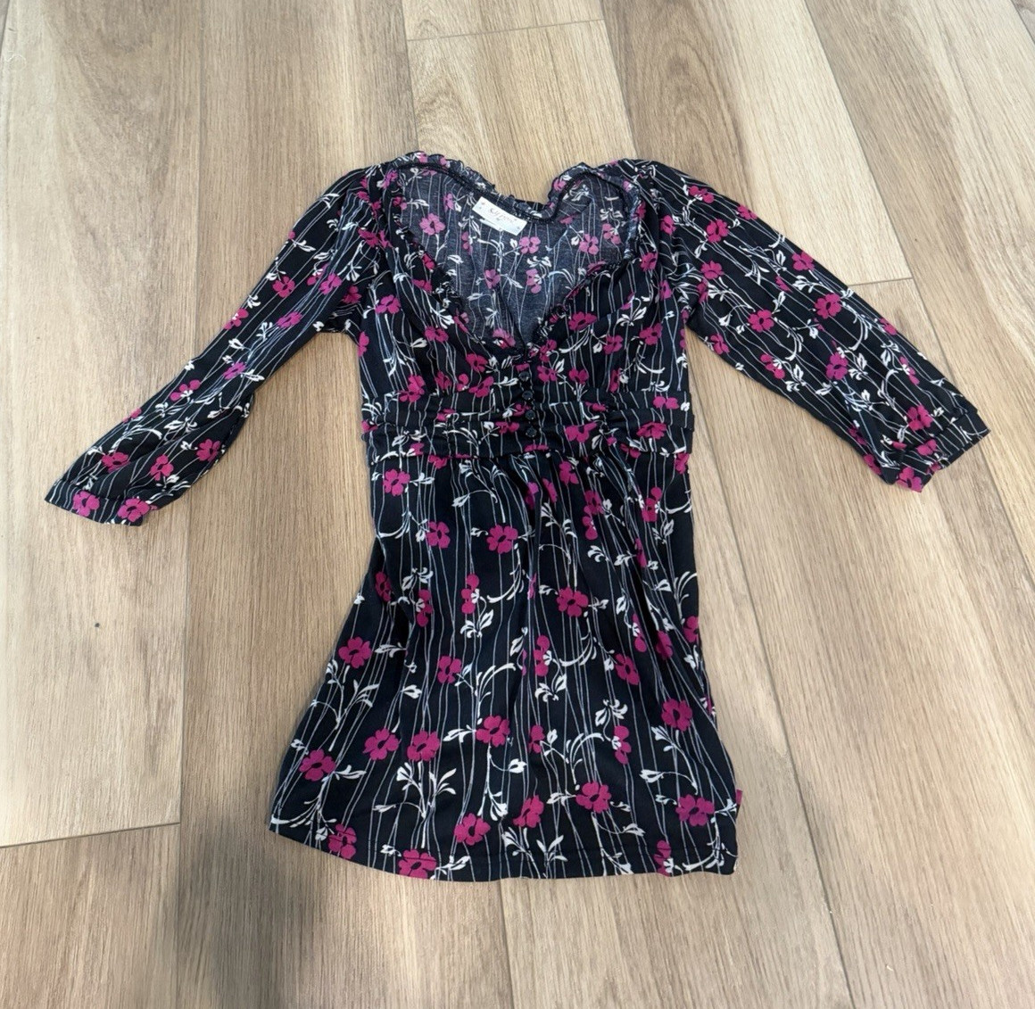 Self Esteem Black Pink White Floral Chiffon Button Sweetheart Blouse Women’s M