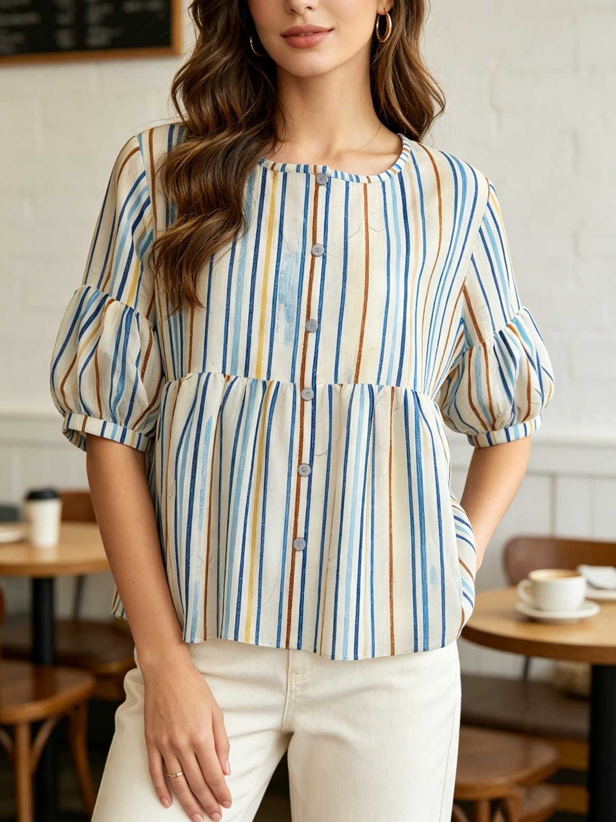 Breathable Comfort Womens Crew Neck Button Shirt Short Puff Sleeve Summer Blouse
