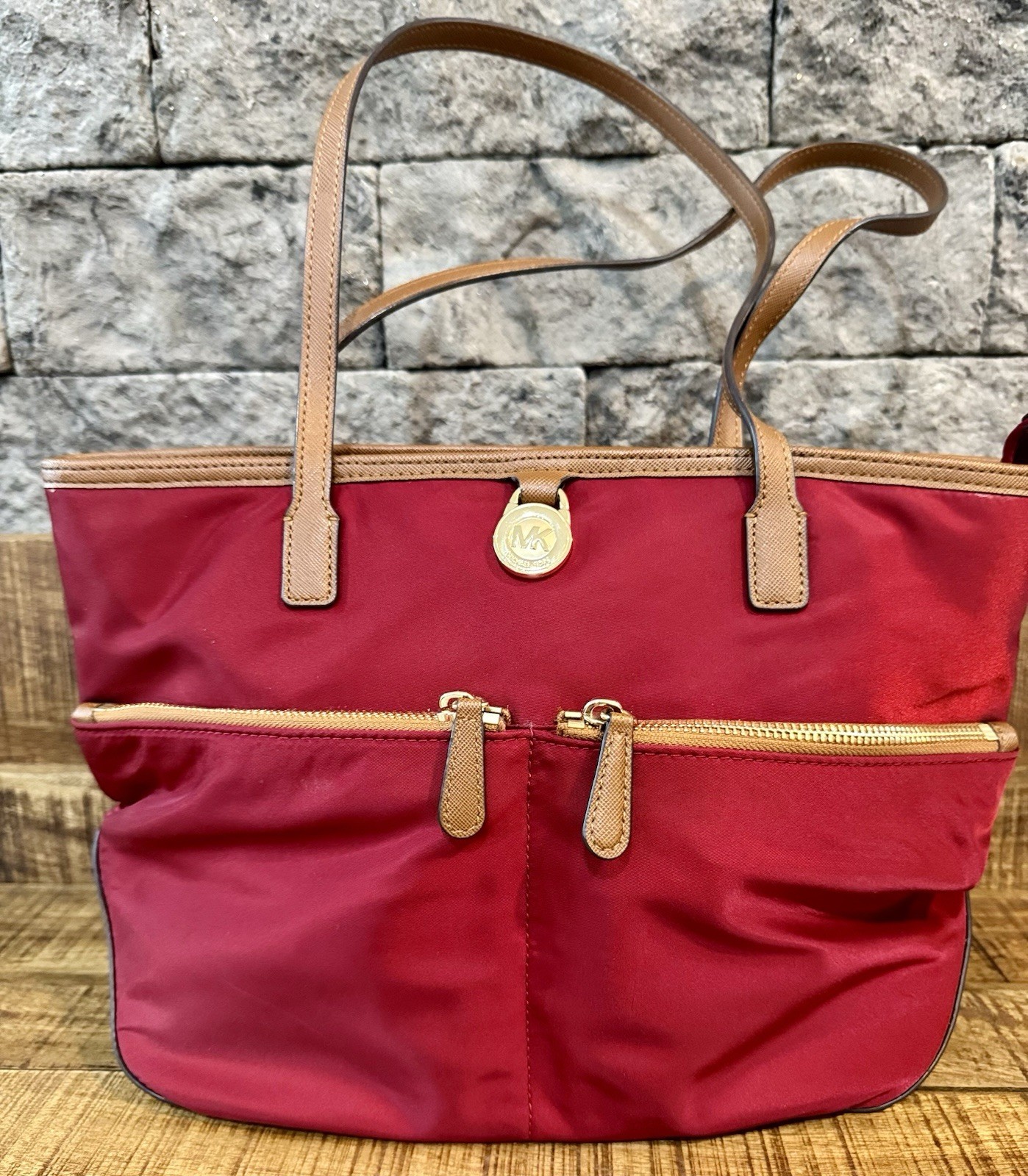Michael Kors Red Tote Double Handles Zip Top Inner/Outer Pockets Gold Hardware