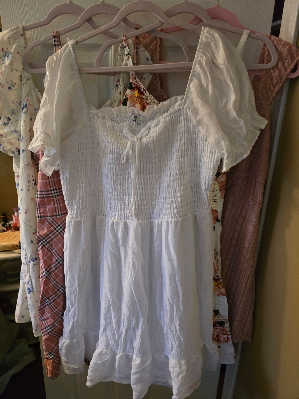 A.U.W. Dress Smocked Sweetheart Neckline Ties Womens Size 2X White Puffy Sleeves