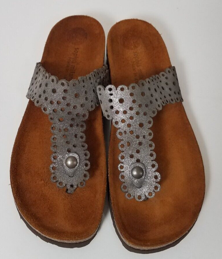 Sophia Milano Brina Sandals Women size 8 Gray Metallic Leather Thongs