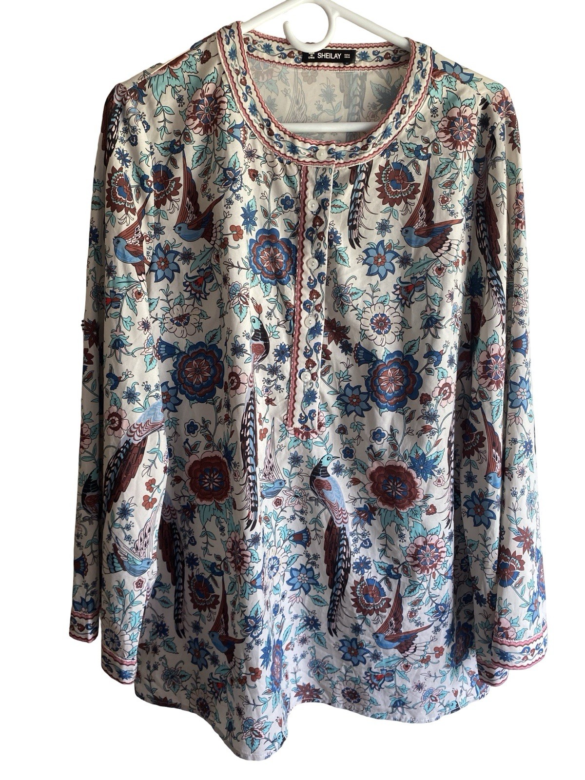 Sheilay Colorful Bird Floral Print Button Long Sleeve Blouse M Bohemian Vintage