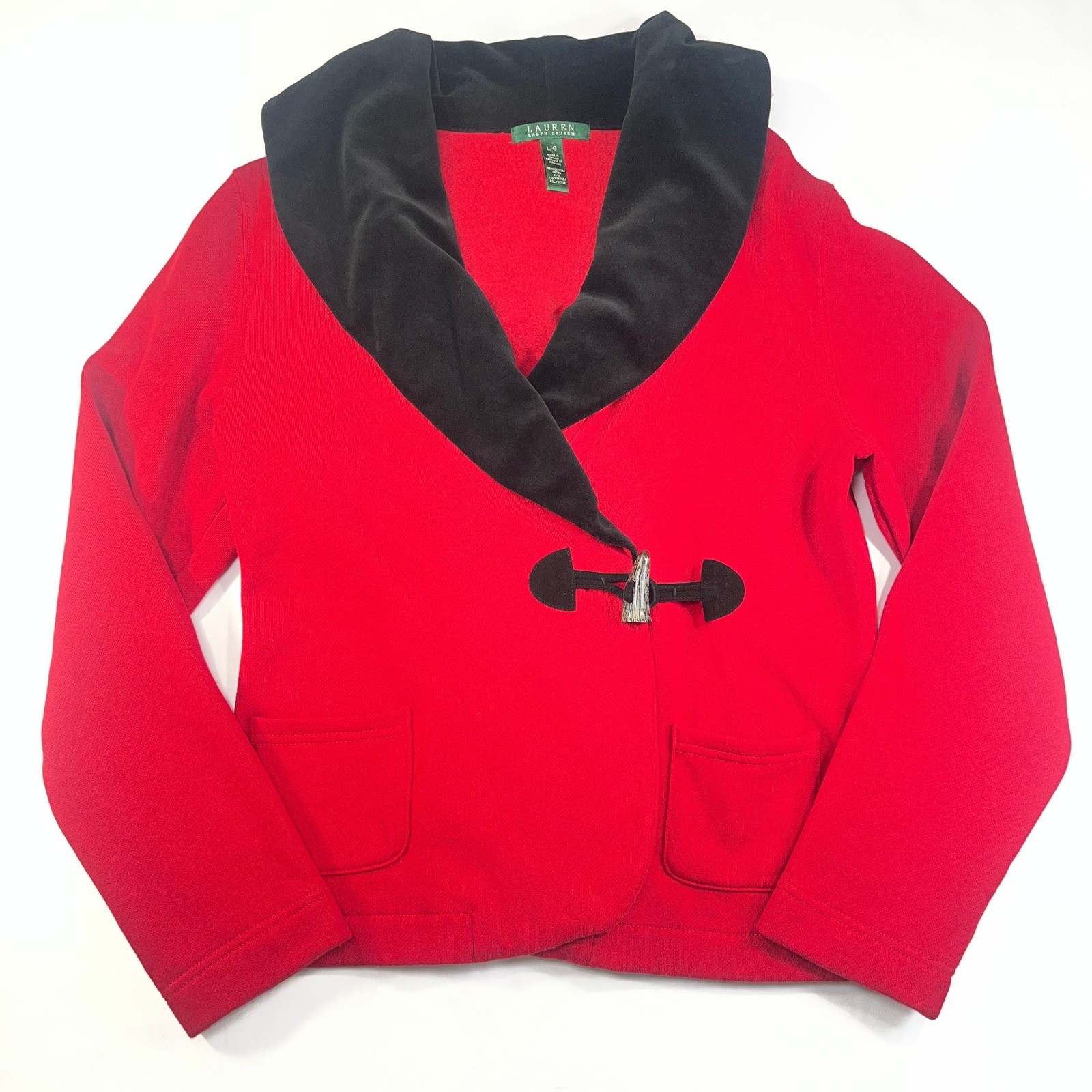 Lauren Ralph Lauren Jacket Womens L Red Knit Toggle Velvet Shawl Collar Academia