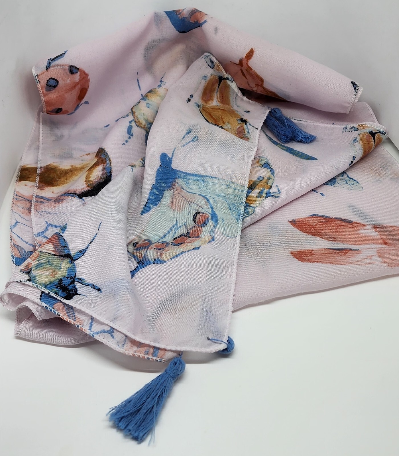 Pink Butterflies Insects Scarf Blue Tassels 58 In Lightweight