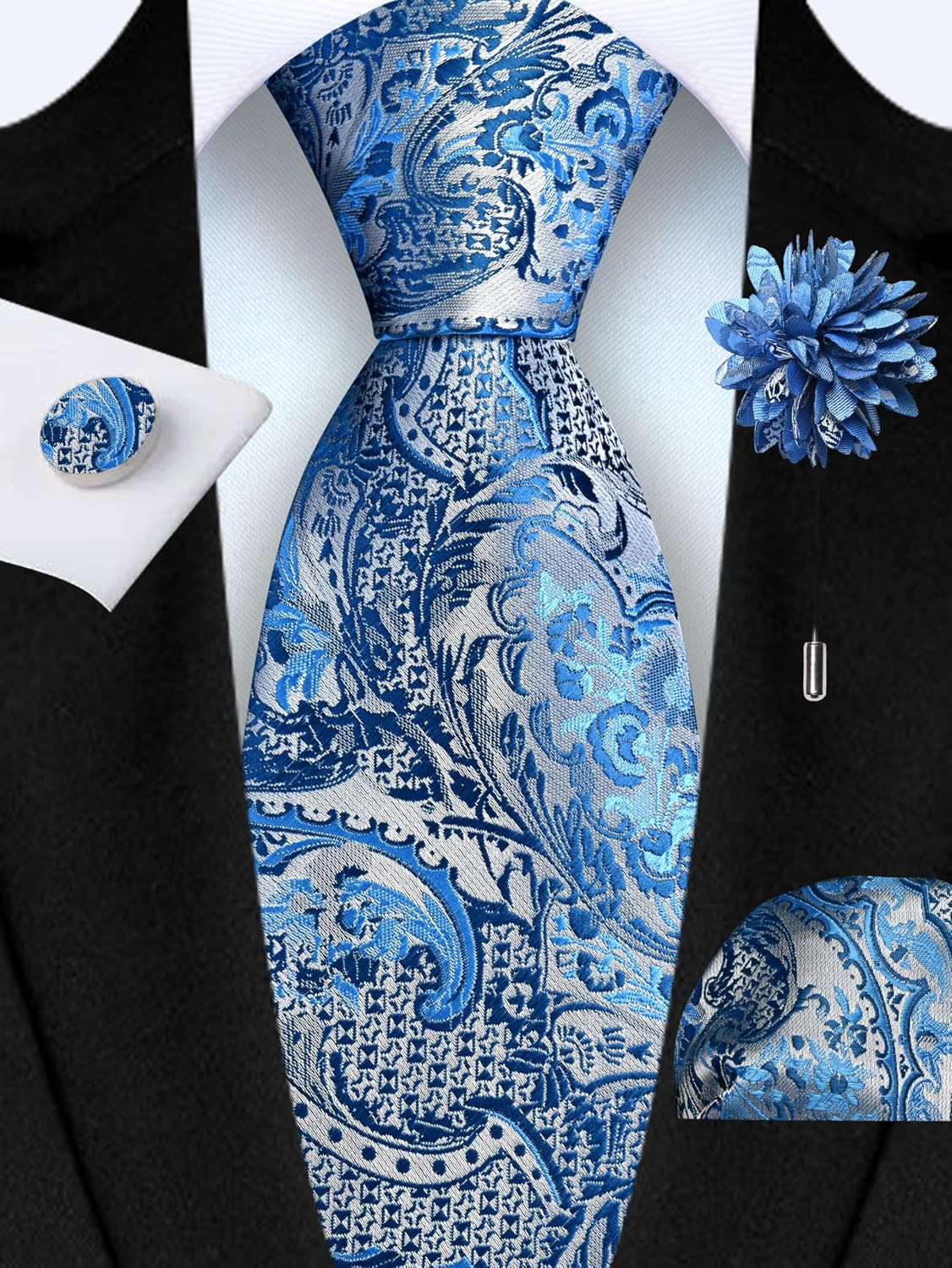 8cm Paisley Tie Set for Men Necktie Lapel Pin Pocket Square Cufflinks Set for Me
