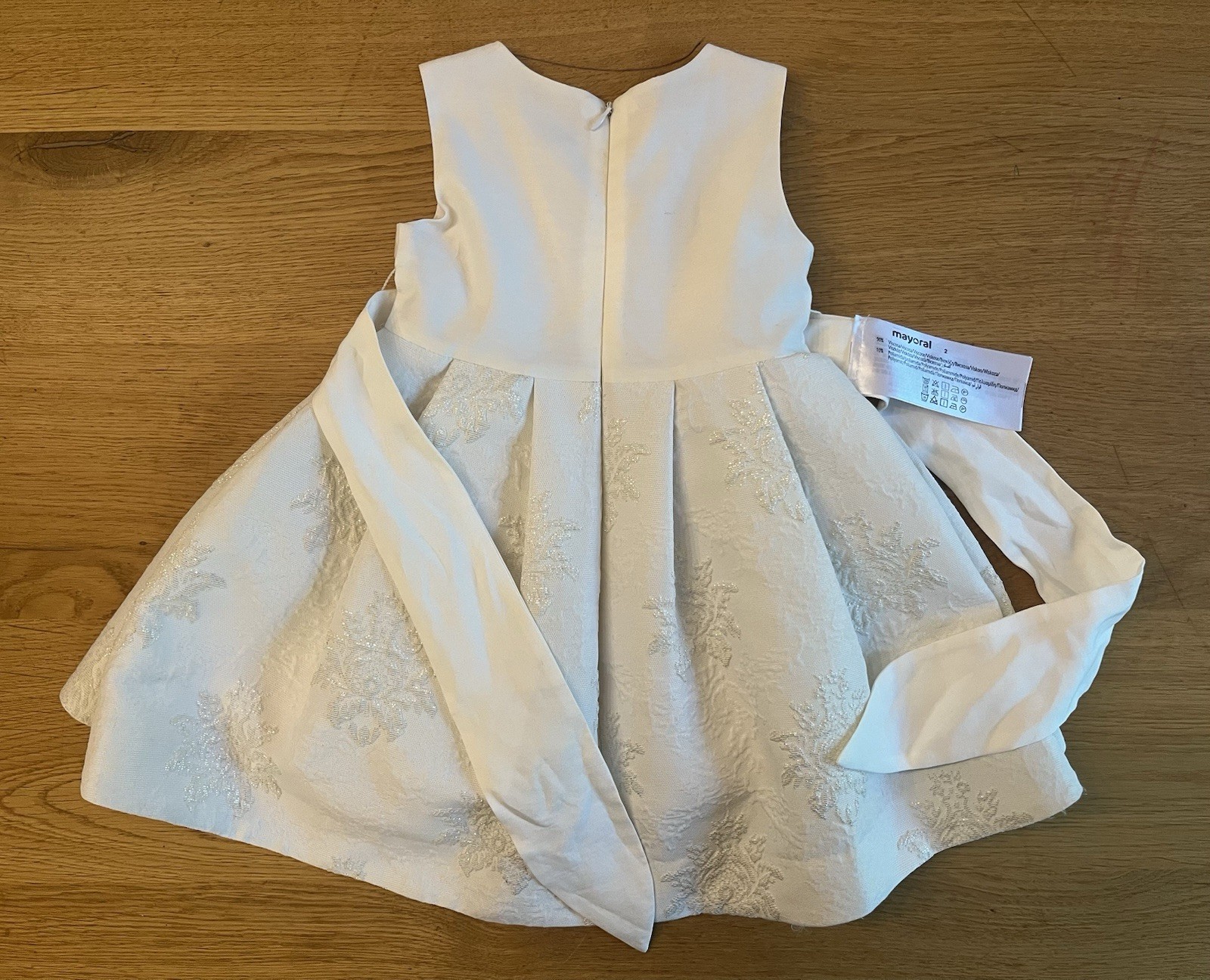 Mayoral White Baby Dress With Shimmer Embroidery And Sash, Size 2