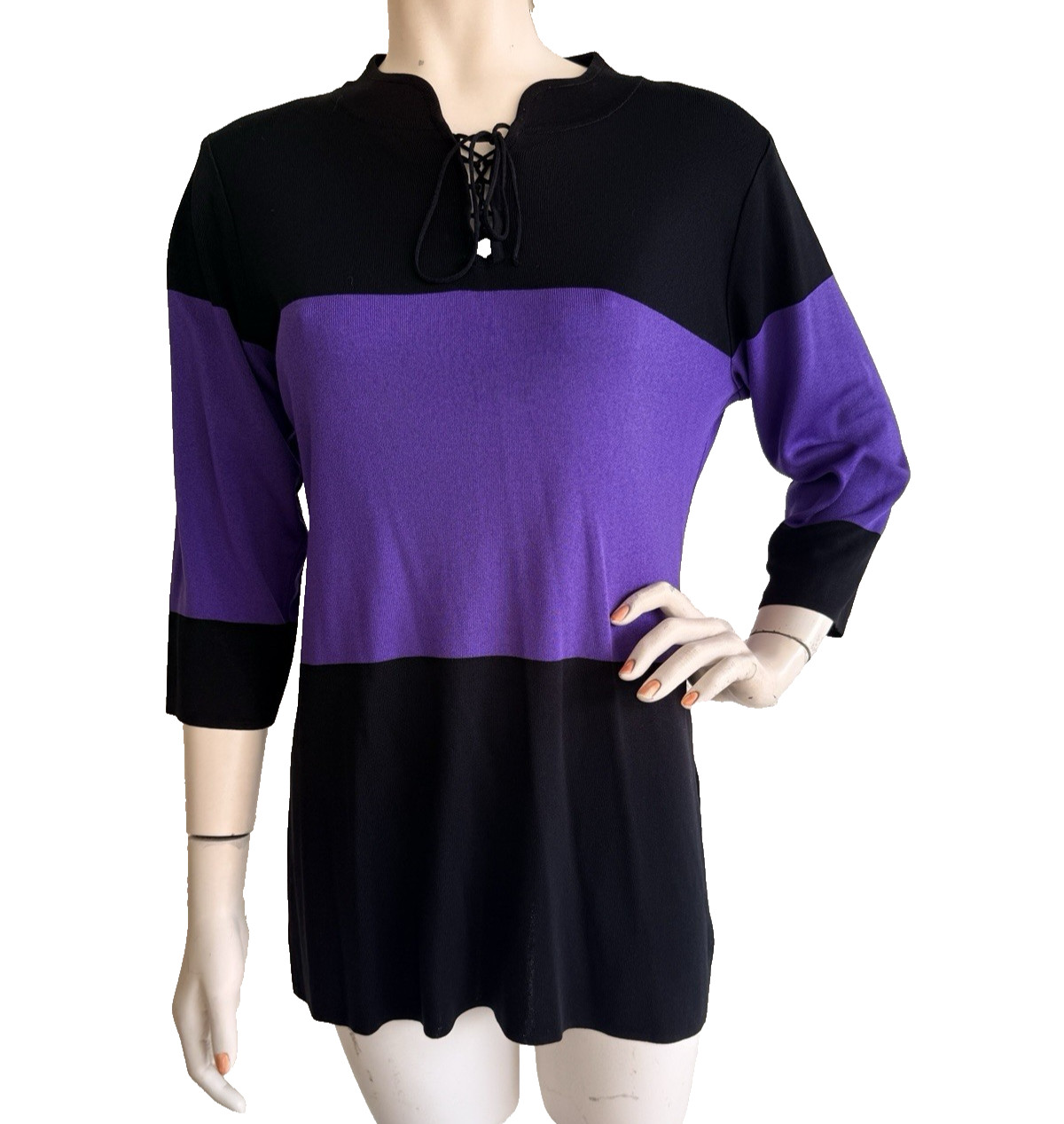 EXCLUSIVELY MISOOK Top Black Purple Colorblock Lace Up Neckline 3/4 Sleeve S