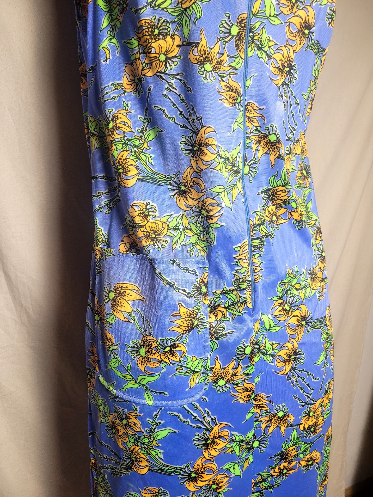 Vintage 60s 70s Blue Yellow Floral Maxi Leg Slits Sleeveless Size M Pocket Zip