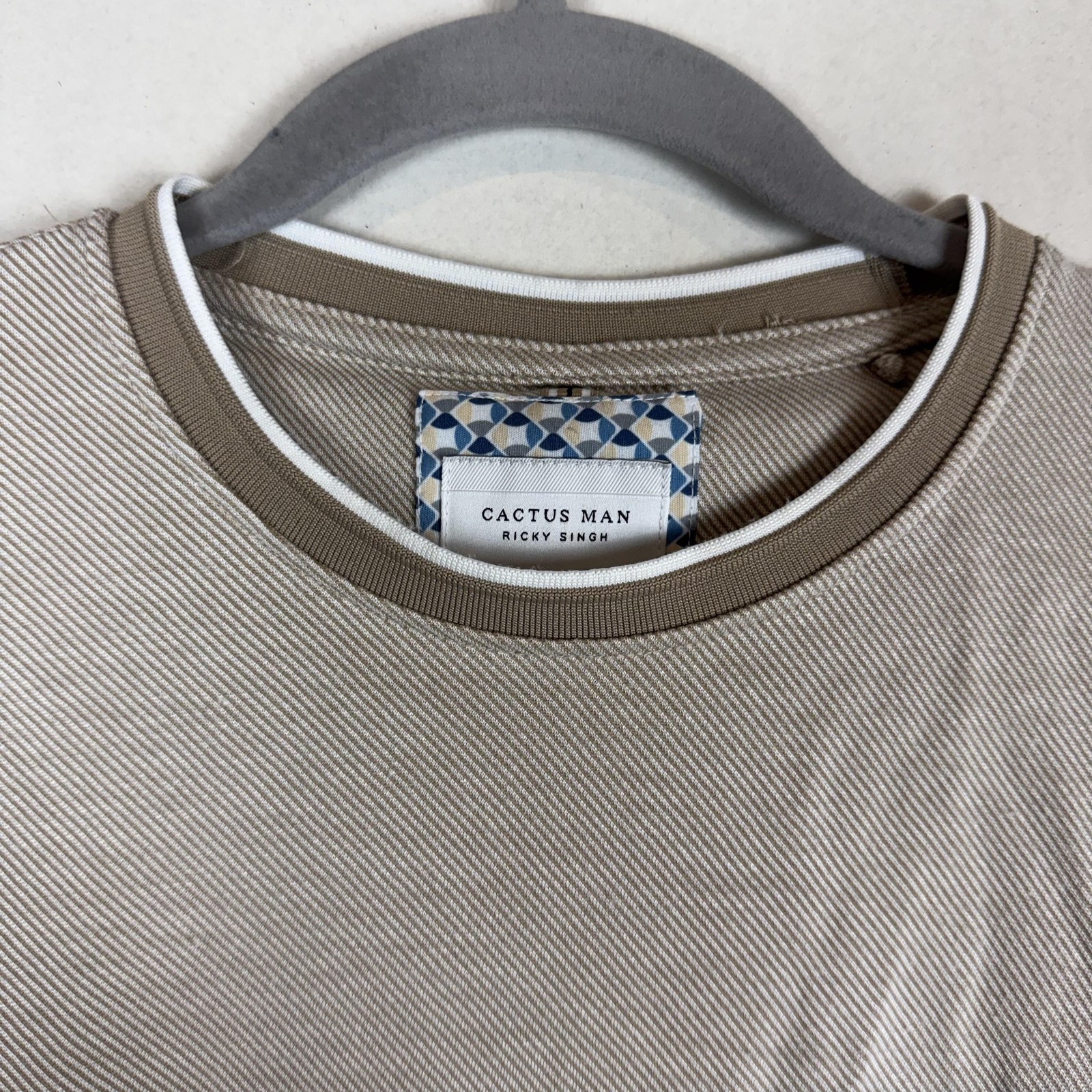 Cactus Man Shirt Mens Medium Beige Stripe Ringer Crewneck Pocket Jersey Tee