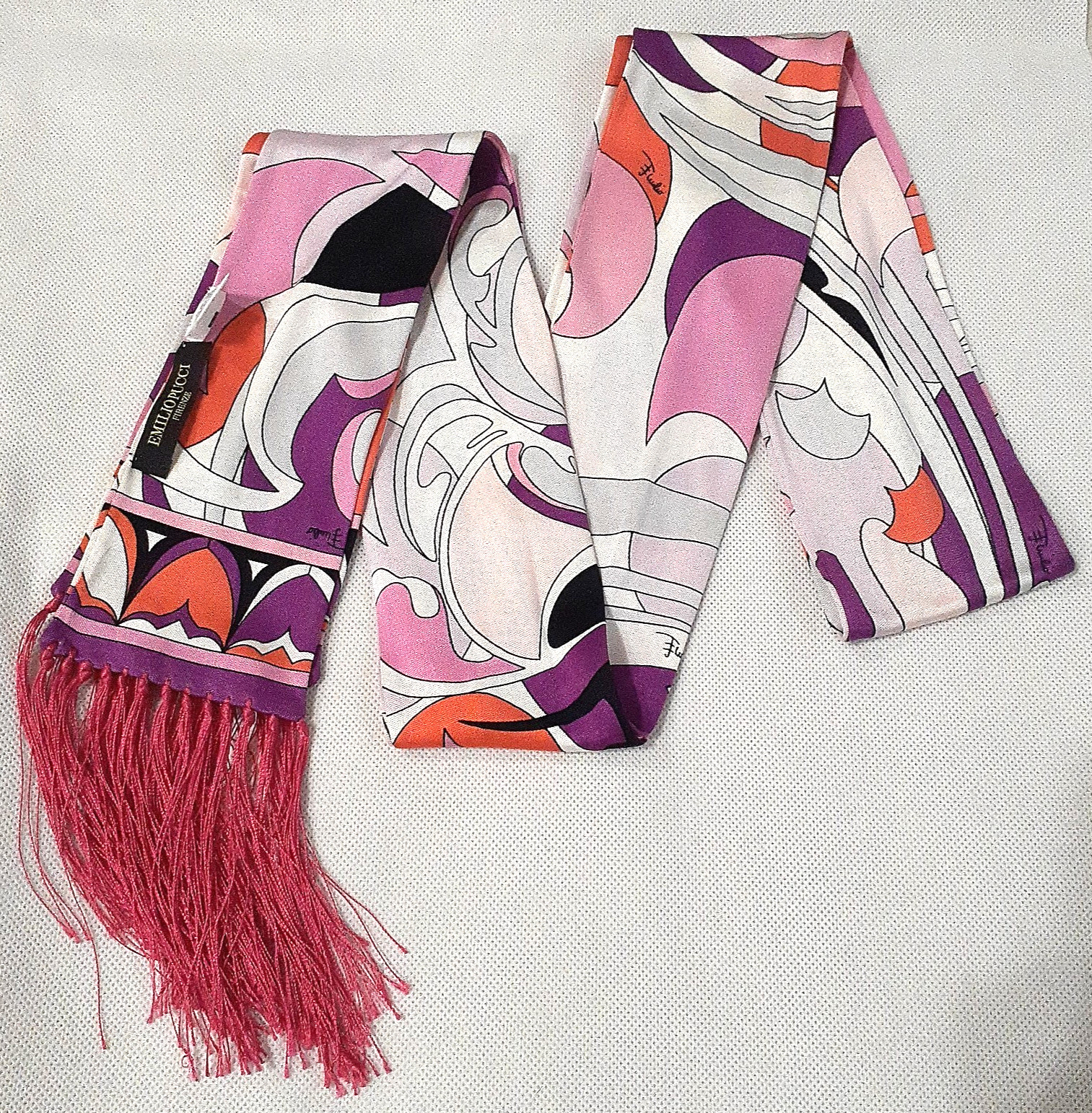Emilio Pucci Silk Scarf Ribbon Purple Multicolor Geometric Narrow Fringe 182x9cm