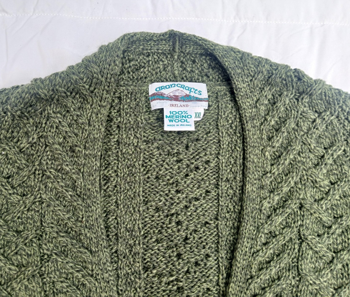 Aran Crafts Ireland Merino Wool Open Cardigan XXL Green Cable Fisherman Sweater