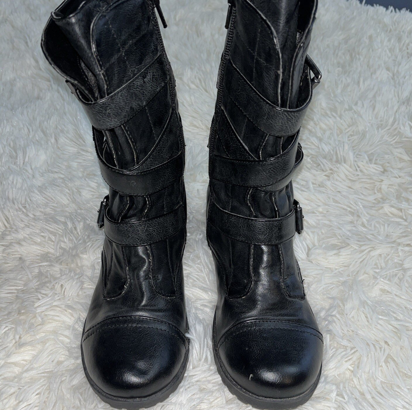 G By Guess Moto Grunge Combat Full-Zip Boot Buckles Black Metal Embellished Sz6m