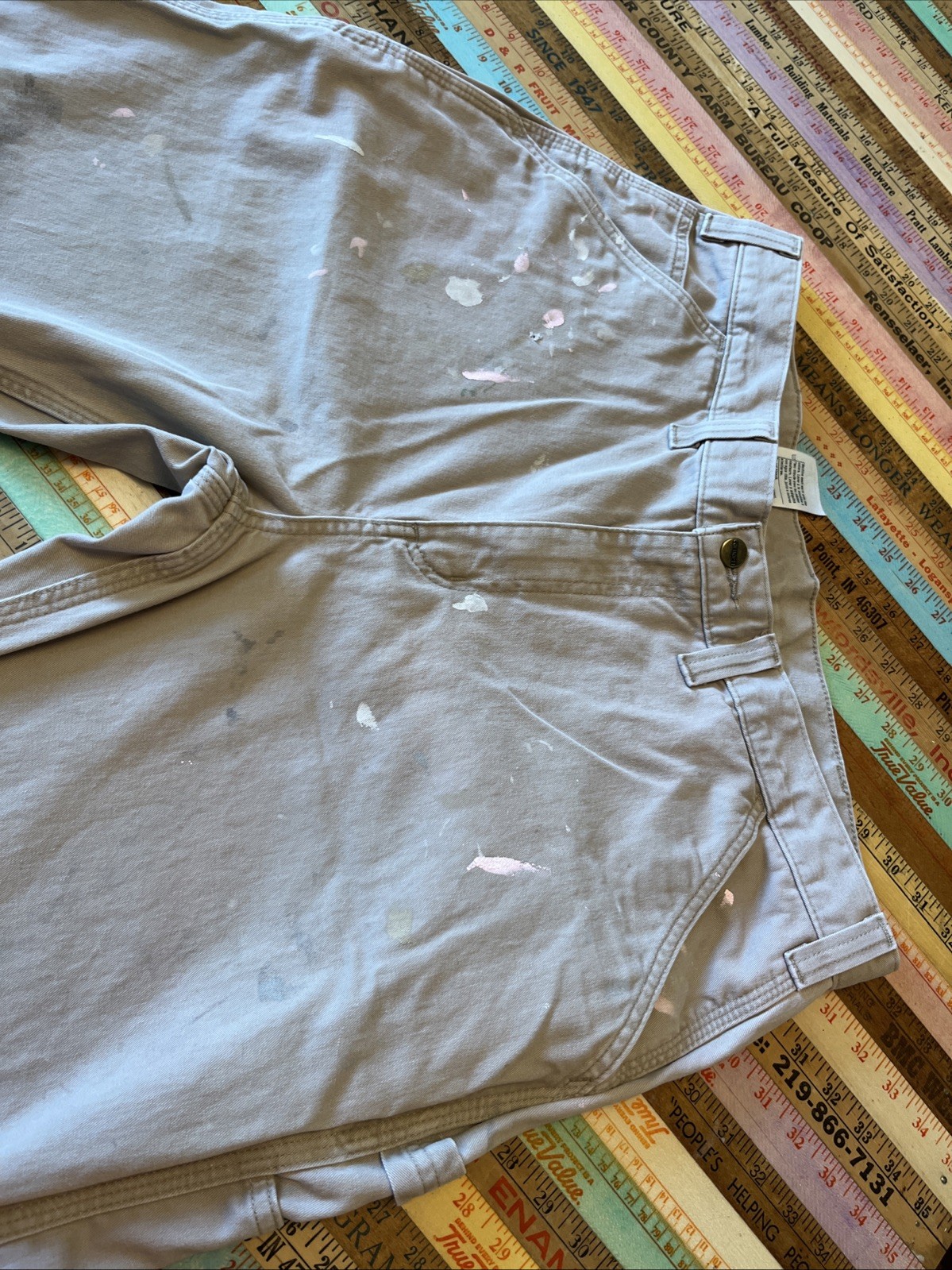 Carhartt Canvas Work Pants Mens 38×30 Khaki Utility Carpenter Cotton Paint Splat