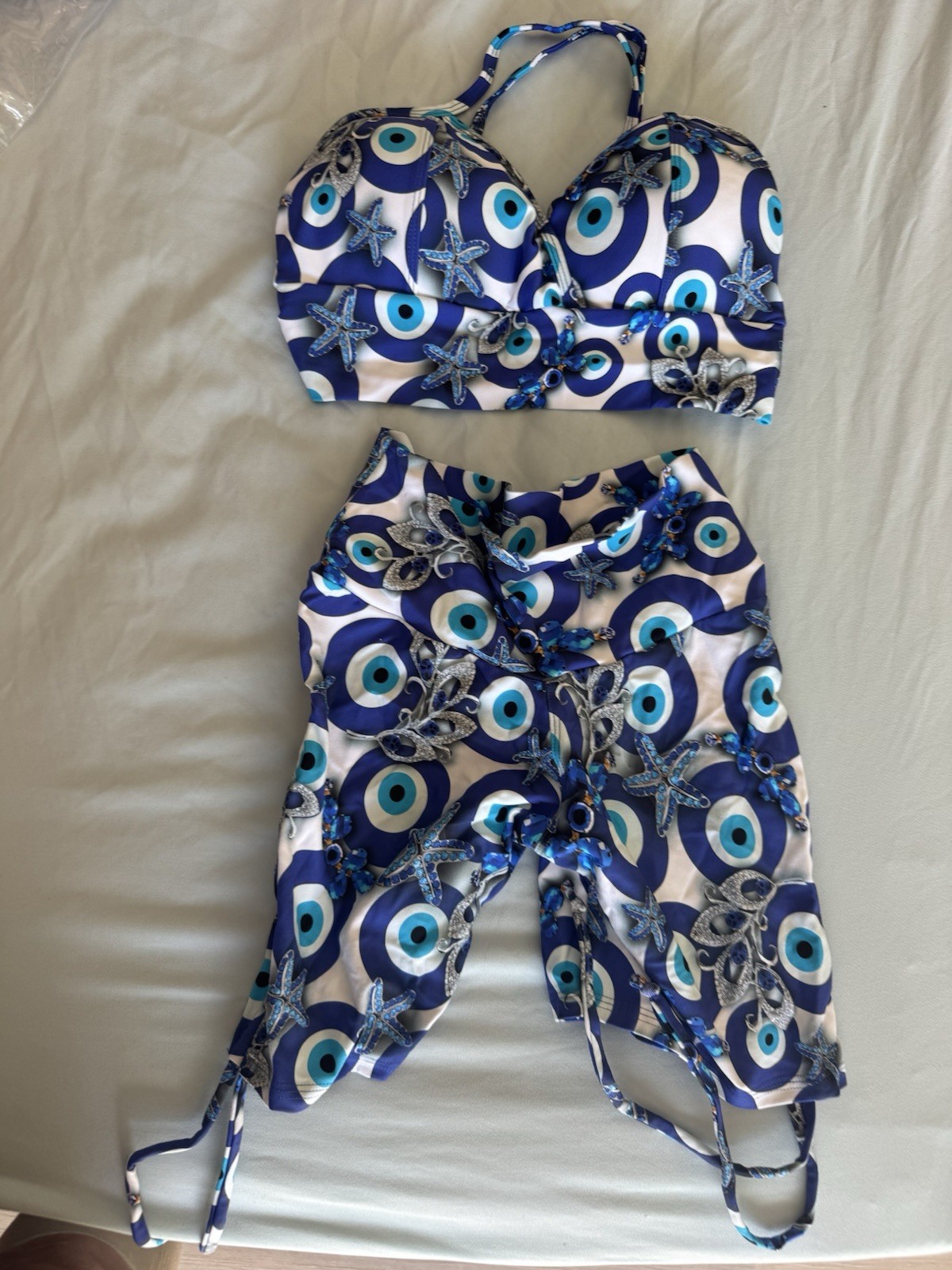 Blue/White Geometric 2-Pc Set B Cup Adjustable Spaghetti Strap Boyshort