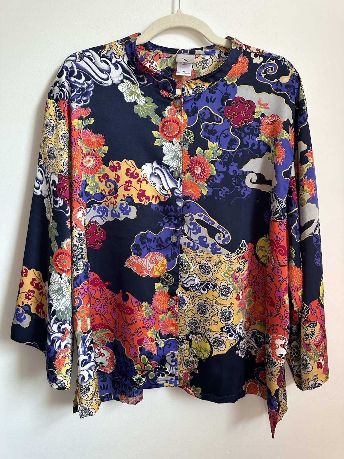 Natori Women XL Japanese Floral Print Kimono Sleeve Blouse Colorful Lightweight