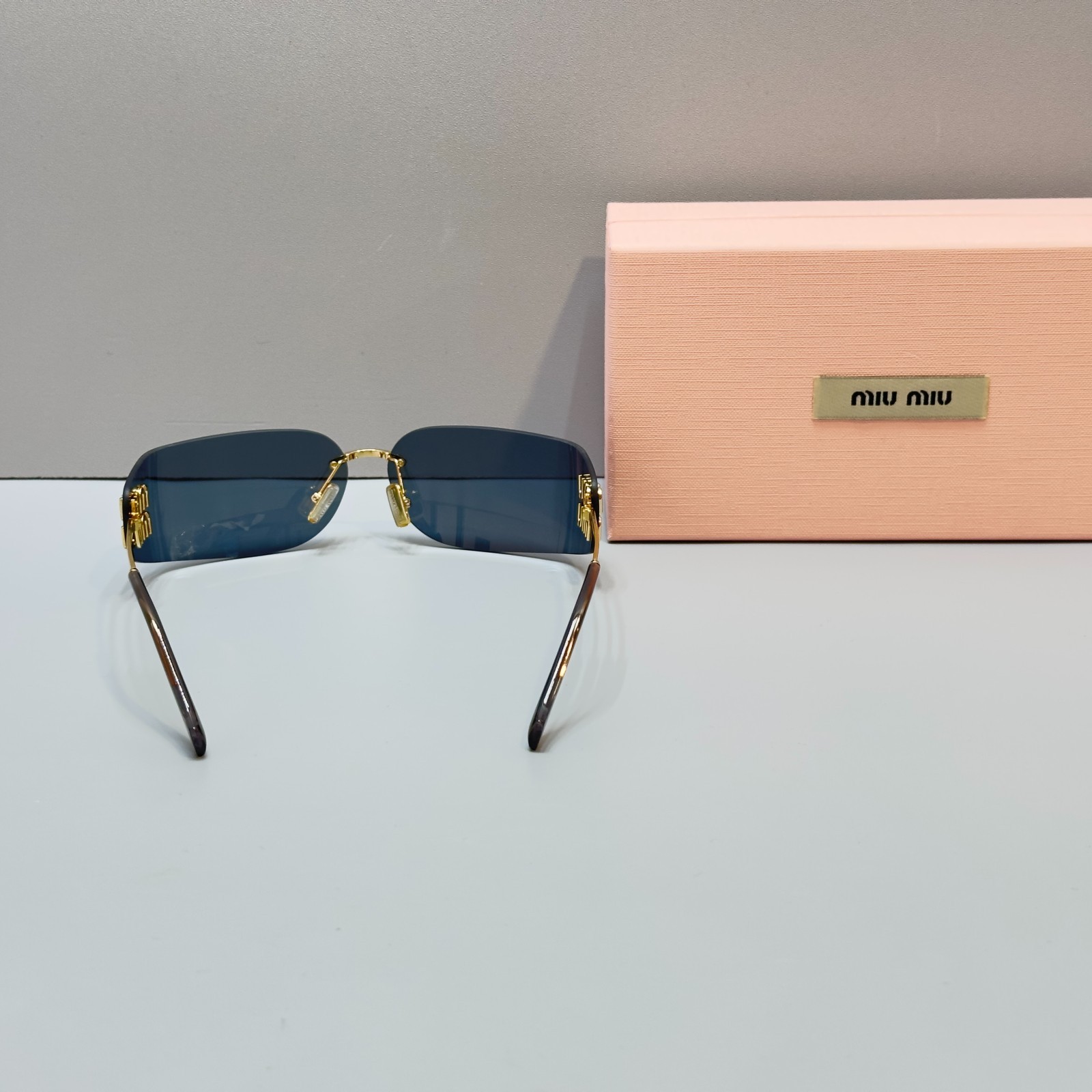 Miu Miu MU A51S Shield Sunglasses Gold Frame Black Lens Logo Rimless New W/Box