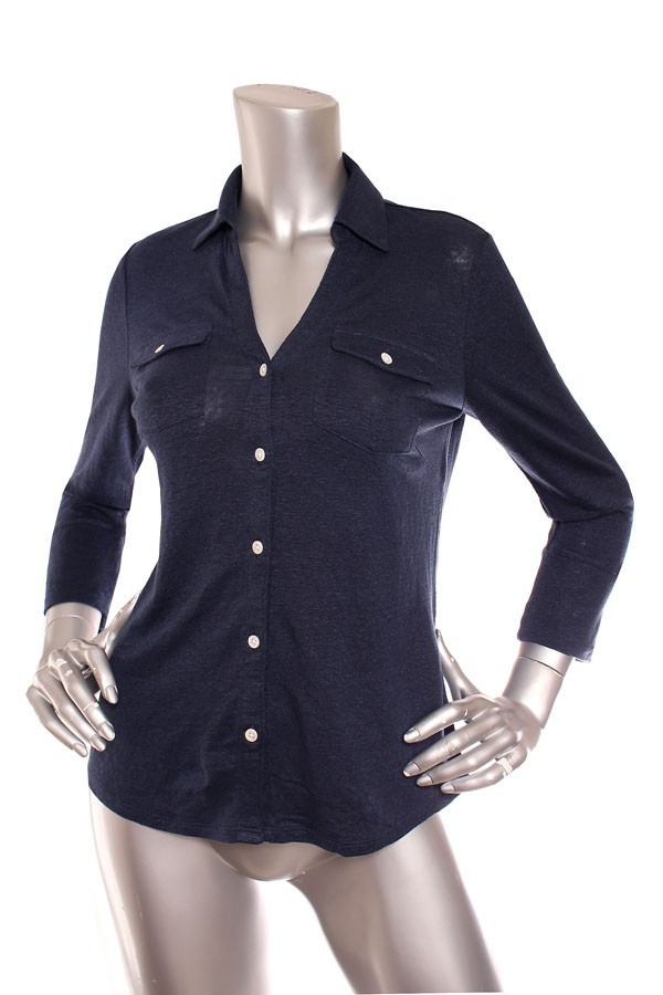 NEW Women J. McLaughlin Brynn Linen Stretch 3/4 Sleeve Button Down Shirt Navy
