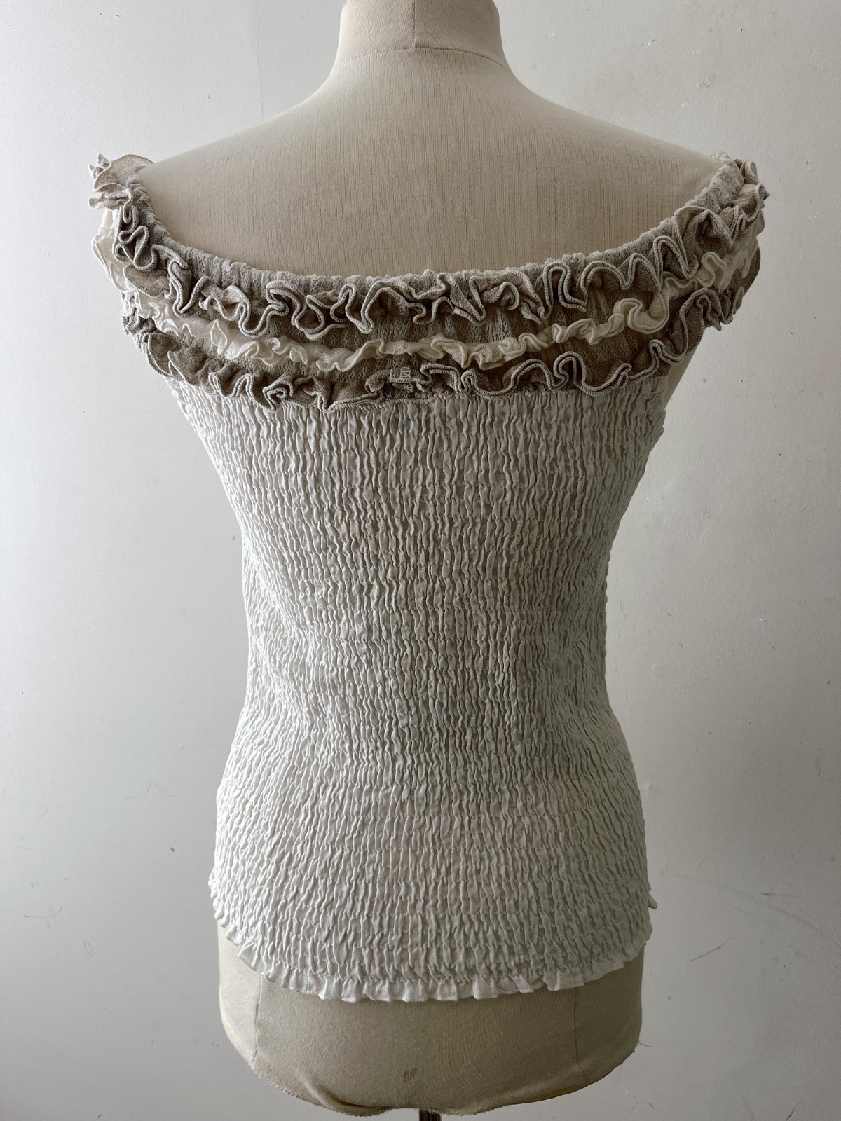 Vintage Mastro Moda Cream Linen Smocked Ruffle Tube Top Cottagecore Milkmaid