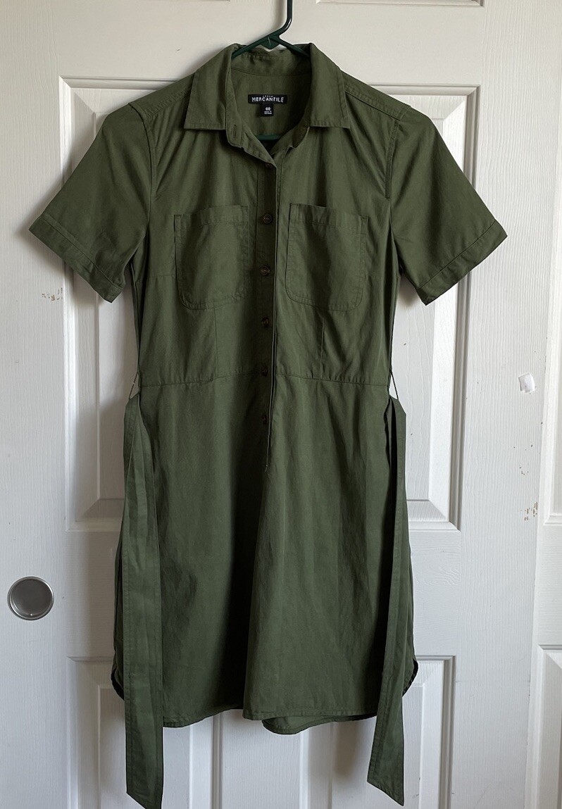 J. Crew Women’s Size 00 Green button up short sleeve Pockets Tie shirt dress