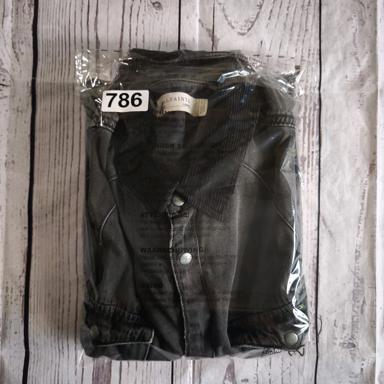 AllSaints Denim Shirt Mens Large Genki Black Grey Pearl Snap Distressed Western