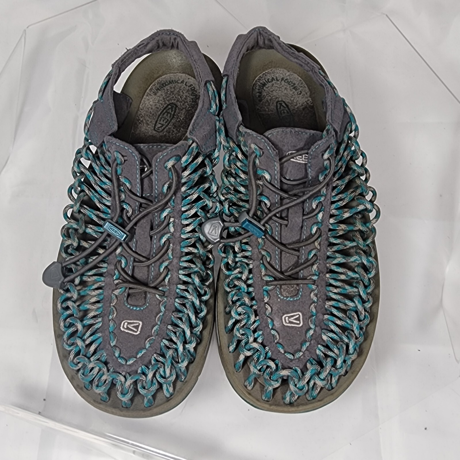 Keen Uneek Sandals Women 10 Two Cord 1014113 Gray Teal Blue Outdoor Heel Strap