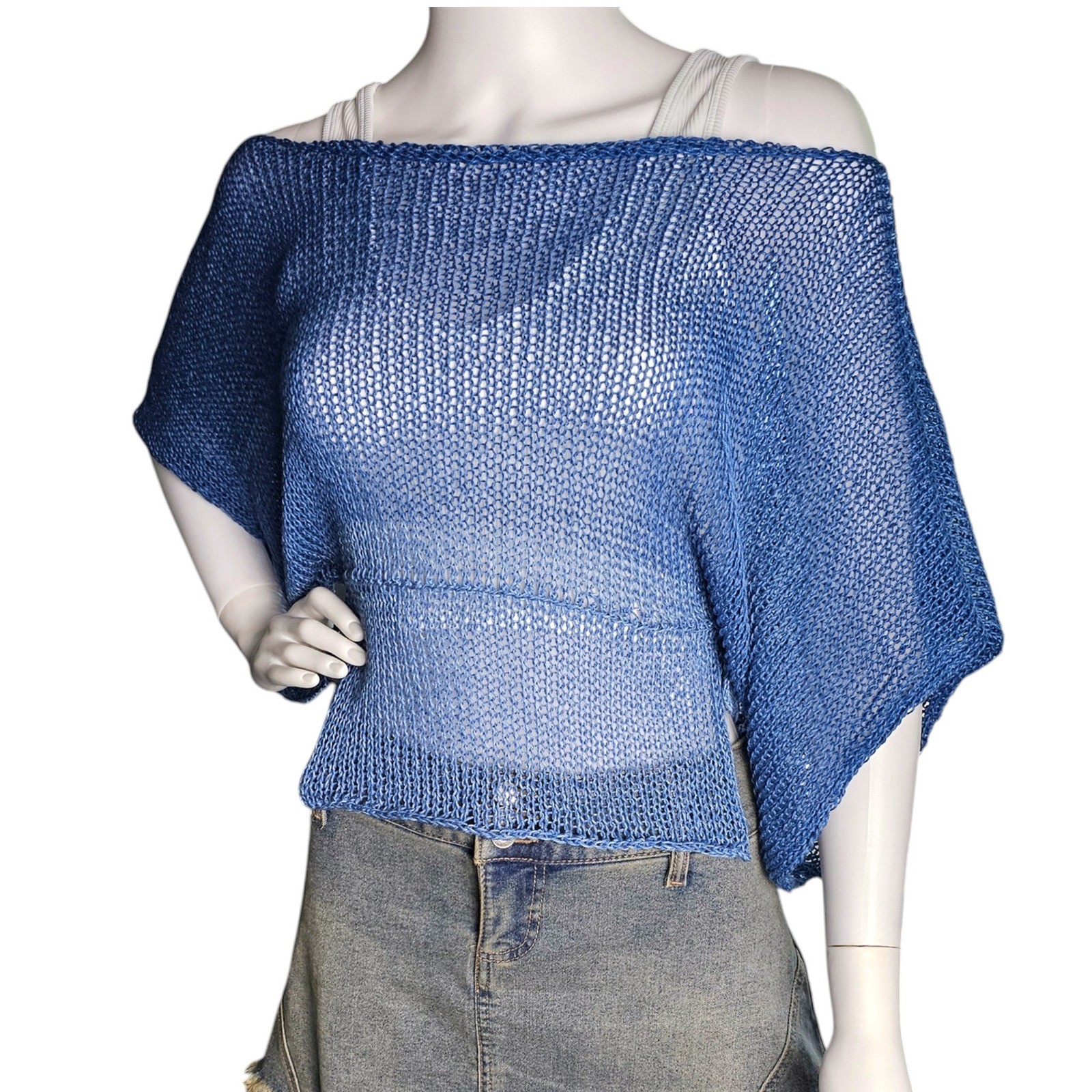 Handmade Knit Cotton Top S/M Blue Ombre Batwing Side Ties, Off shoulder
