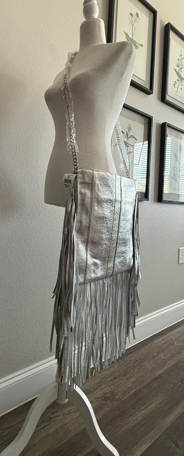 $475 RAMY BROOK Leather Silver Lame’ Large Sachel Messenger Bag Fringe Purse
