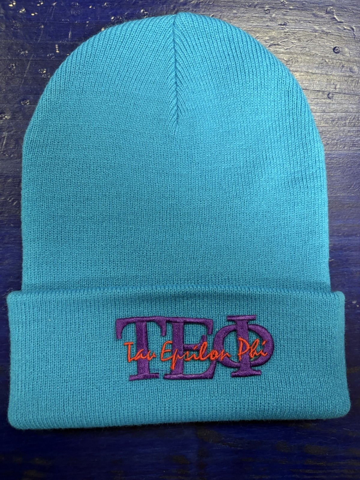 Tau Epsilon Phi Neon Blue Embroidered Knit Beanie Cap Hat NOS, V1