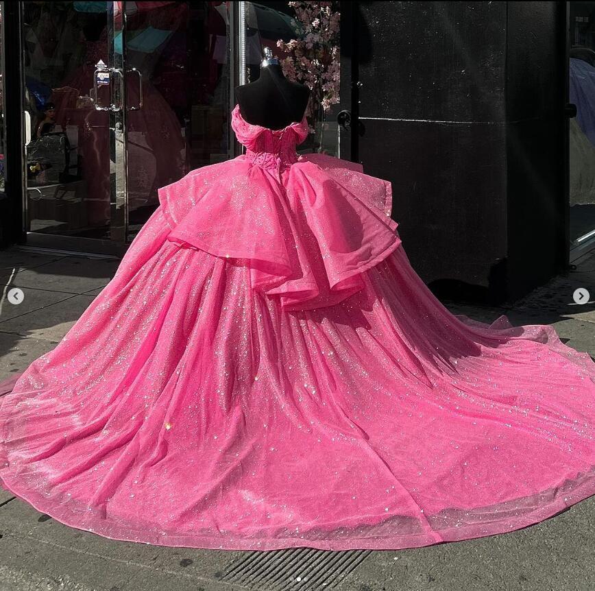 Off Shoulder Barbie Pink Quinceanera Dresses Glitters Sweet 15 Party Ball Gowns