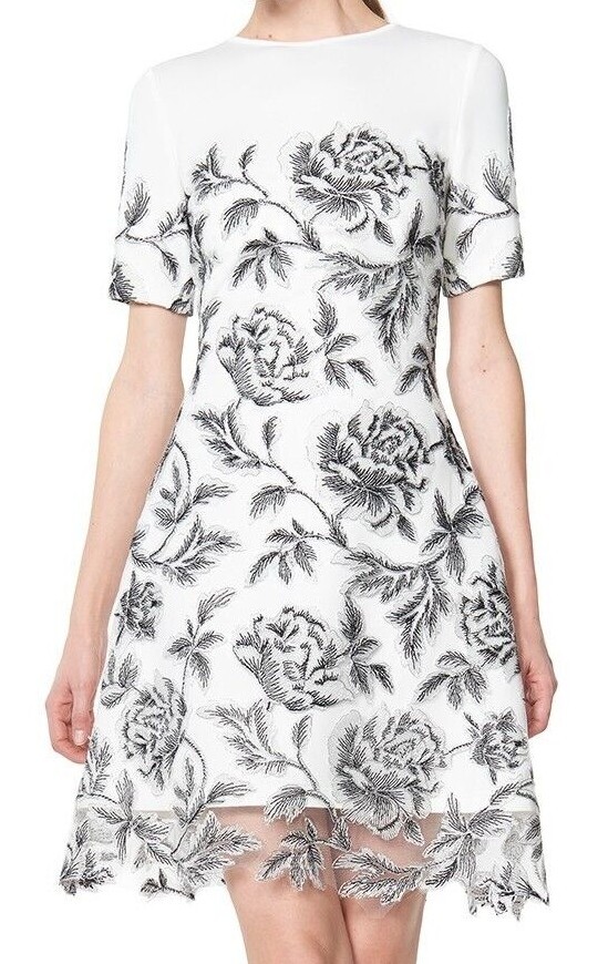 Tadashi Shoji Neoprene Metallic Corded Lace Tulle Overlay Sabi Runway Dress 8