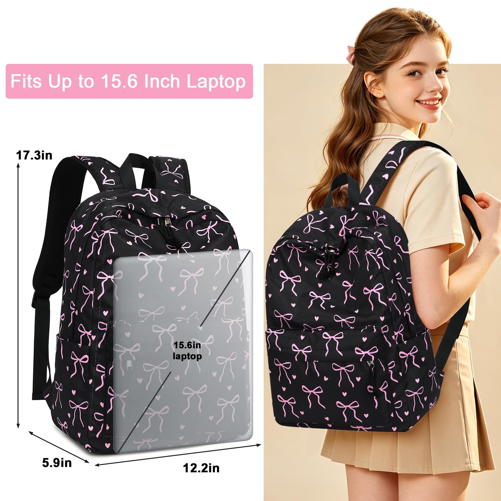 Cute Bow School Backpack For Teen Girls 15.6 Inch Laptop Bookbag Daypack Black