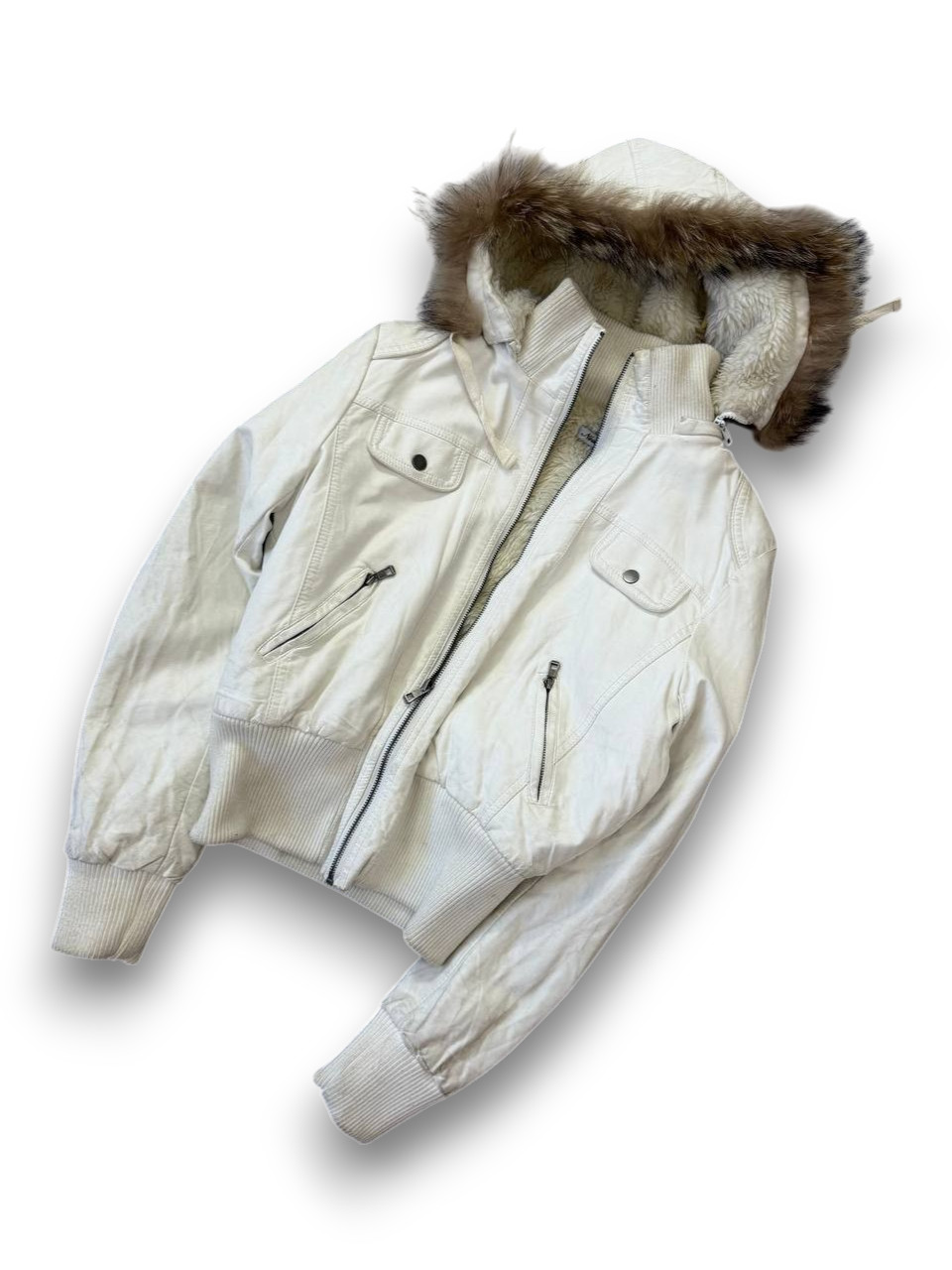 Vintage 90s White Avant-Garde Faux Fur Fell Cropped Leather Y2K Streetwear Jacke