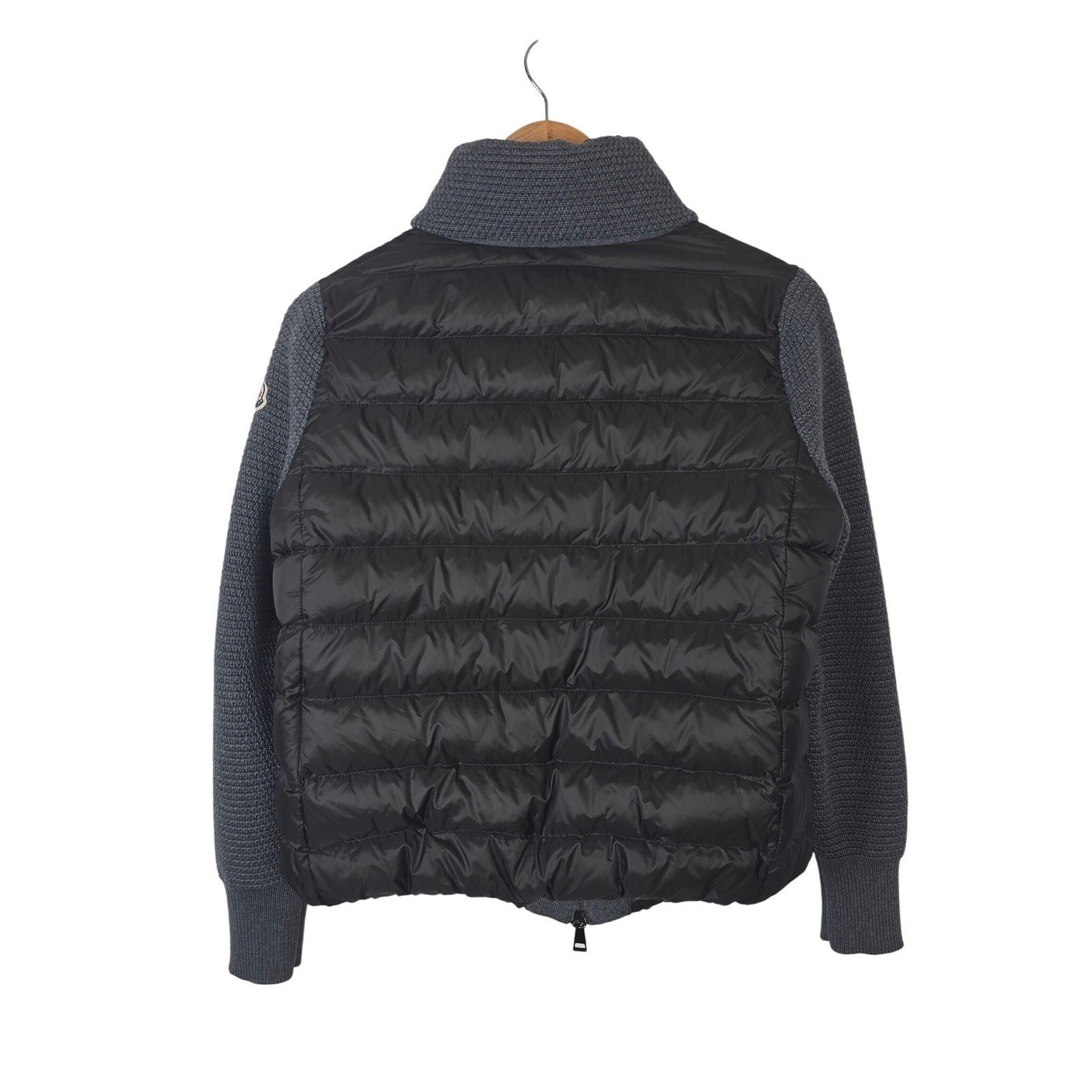 Moncler Women Black Grey Wool & Down Hybrid Knit Puffer Jacket Size S Logo Patch
