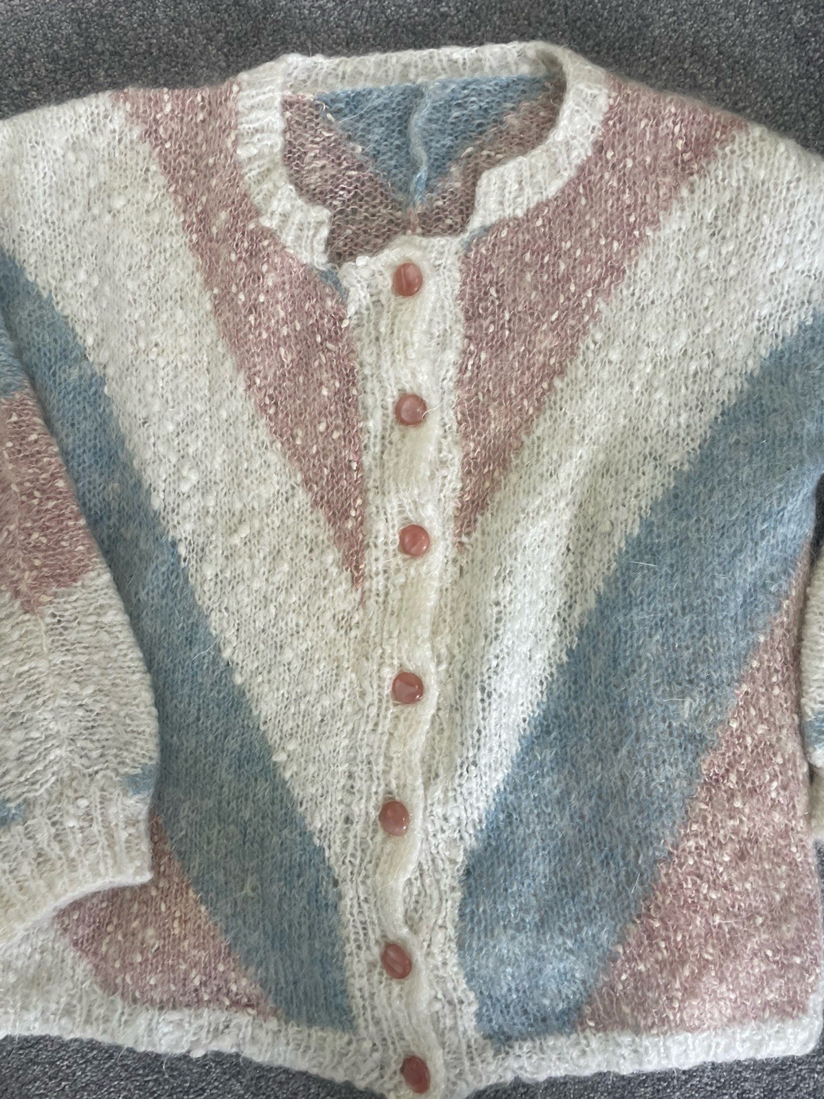 Hand Knitted Women’s Cardigan Size UK 12 Ivory Pink Blue Cottagecore Knit