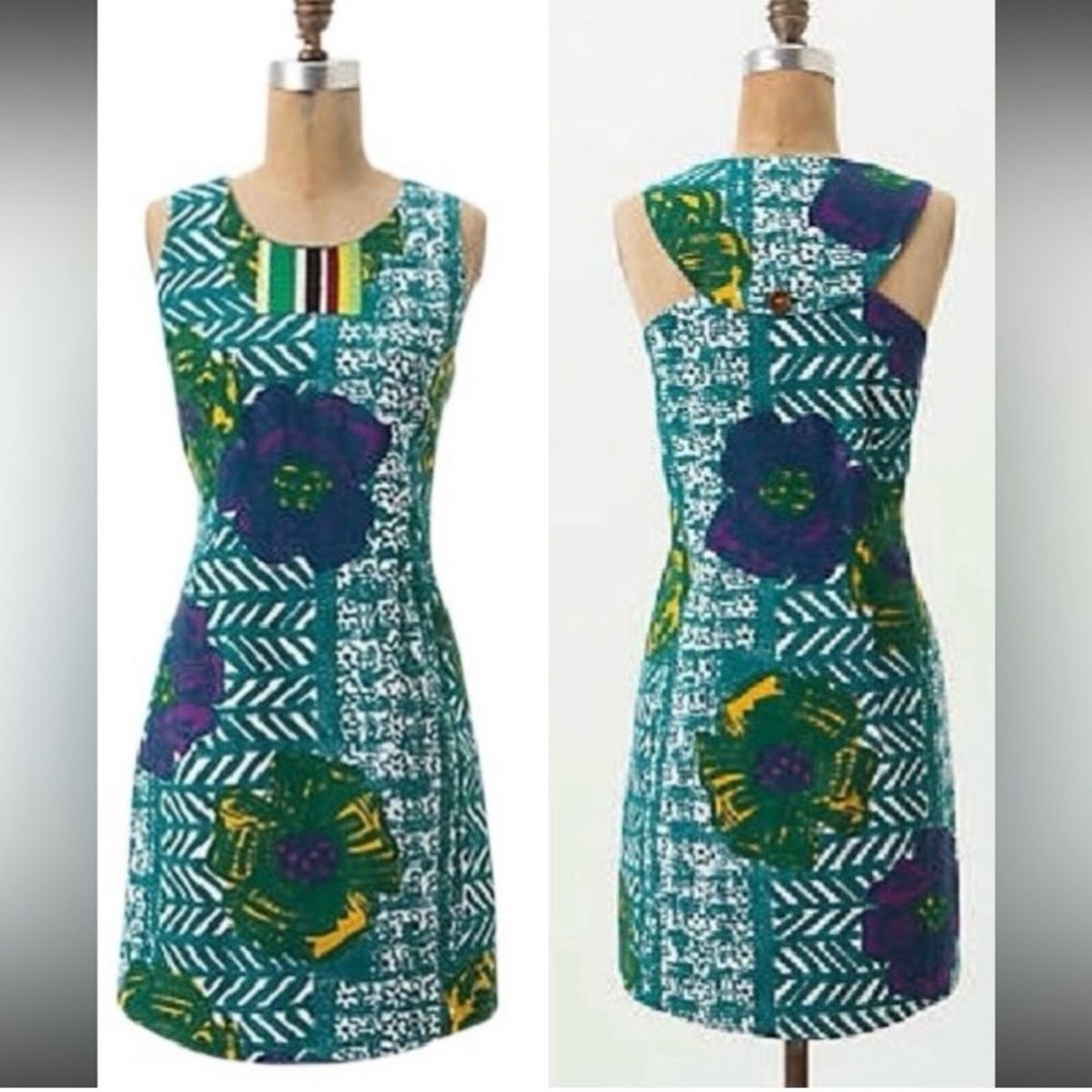 Anthropologie Vanessa Virginia Teal Blue Green Floral Embroidered Dress SZ 10