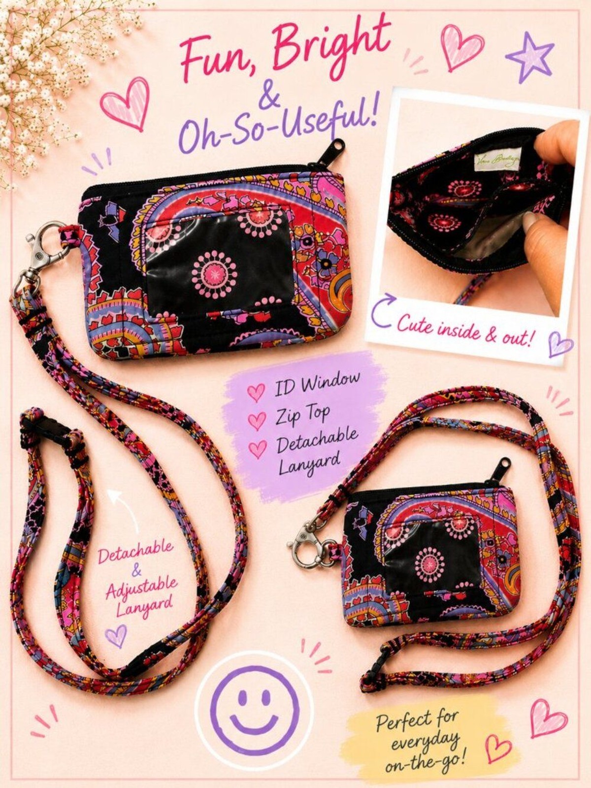 Cute Vera Bradley Coin Purse / ID Case with Detachable Lanyard
