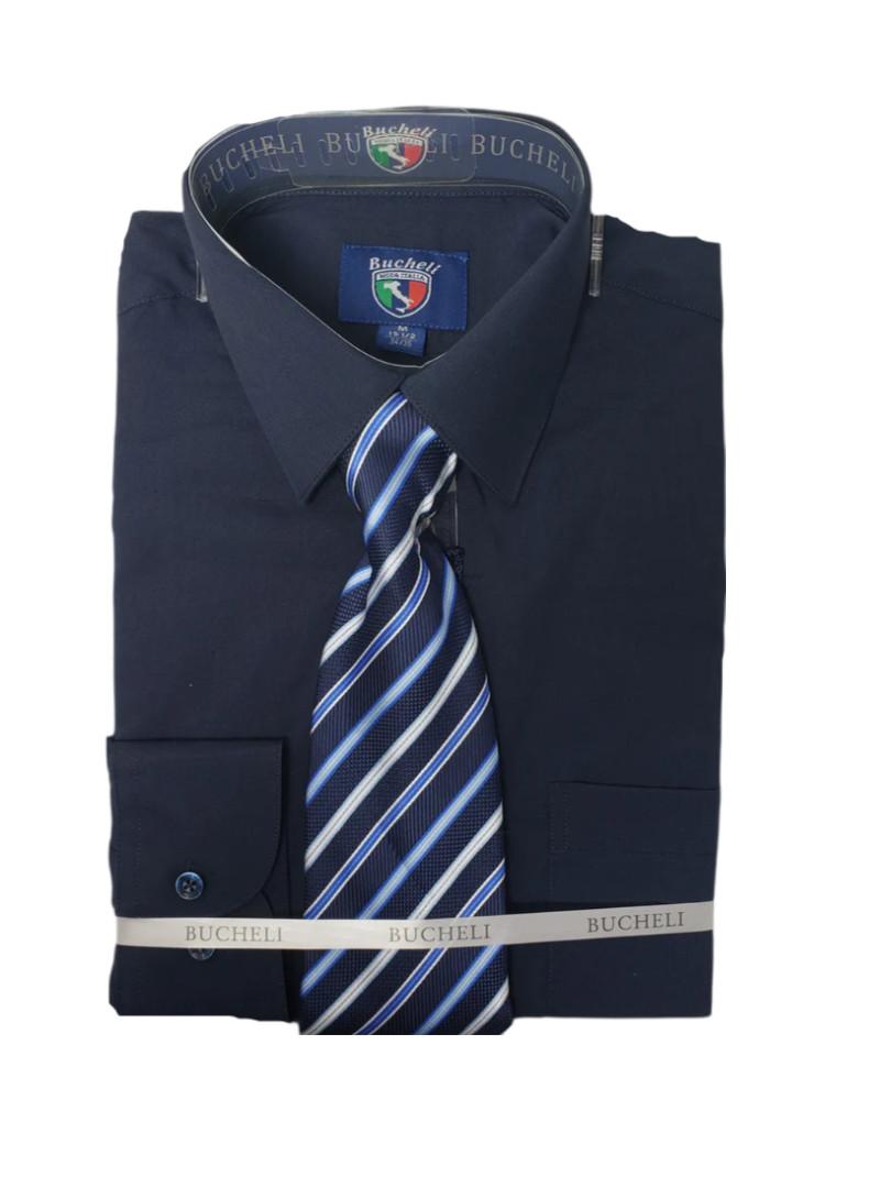 Men’s Dress Cotton-Blend Shirts W/ Matching (Random design) Tie Set -Navy