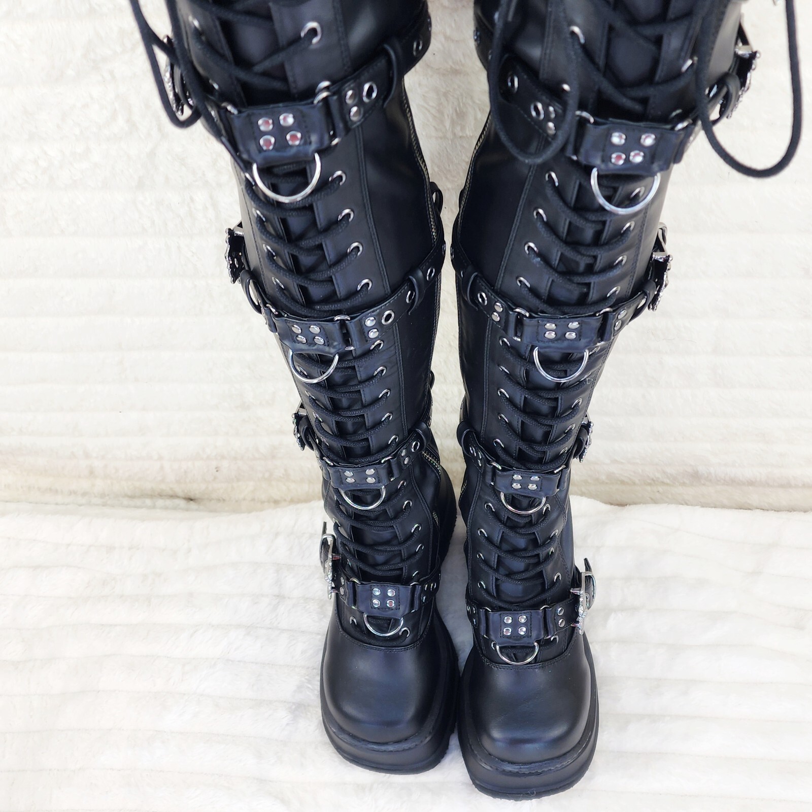 Shaker 420 Black sTRETCH 4.5″ Wedge Heel OTK Thigh Boots Skulls Zippers NY DEMON