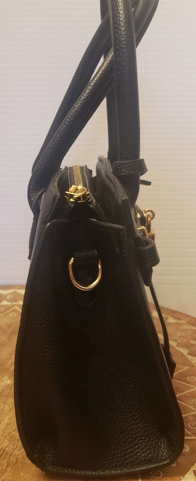 Black Satchel Handbag with Padlock and Gold-tone Hardware