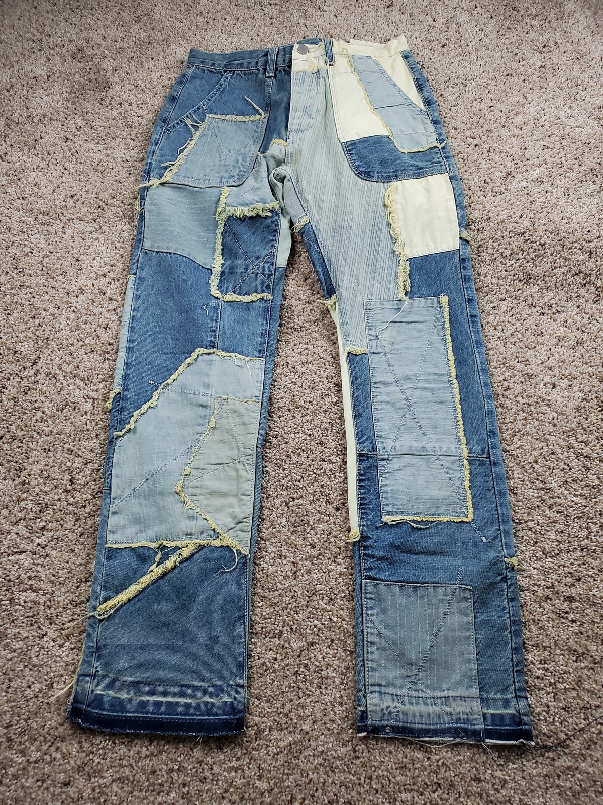 Mnml Jeans Mens 28 Patchwork Distressed Frayed Denim Straight Leg Streetwear NWT