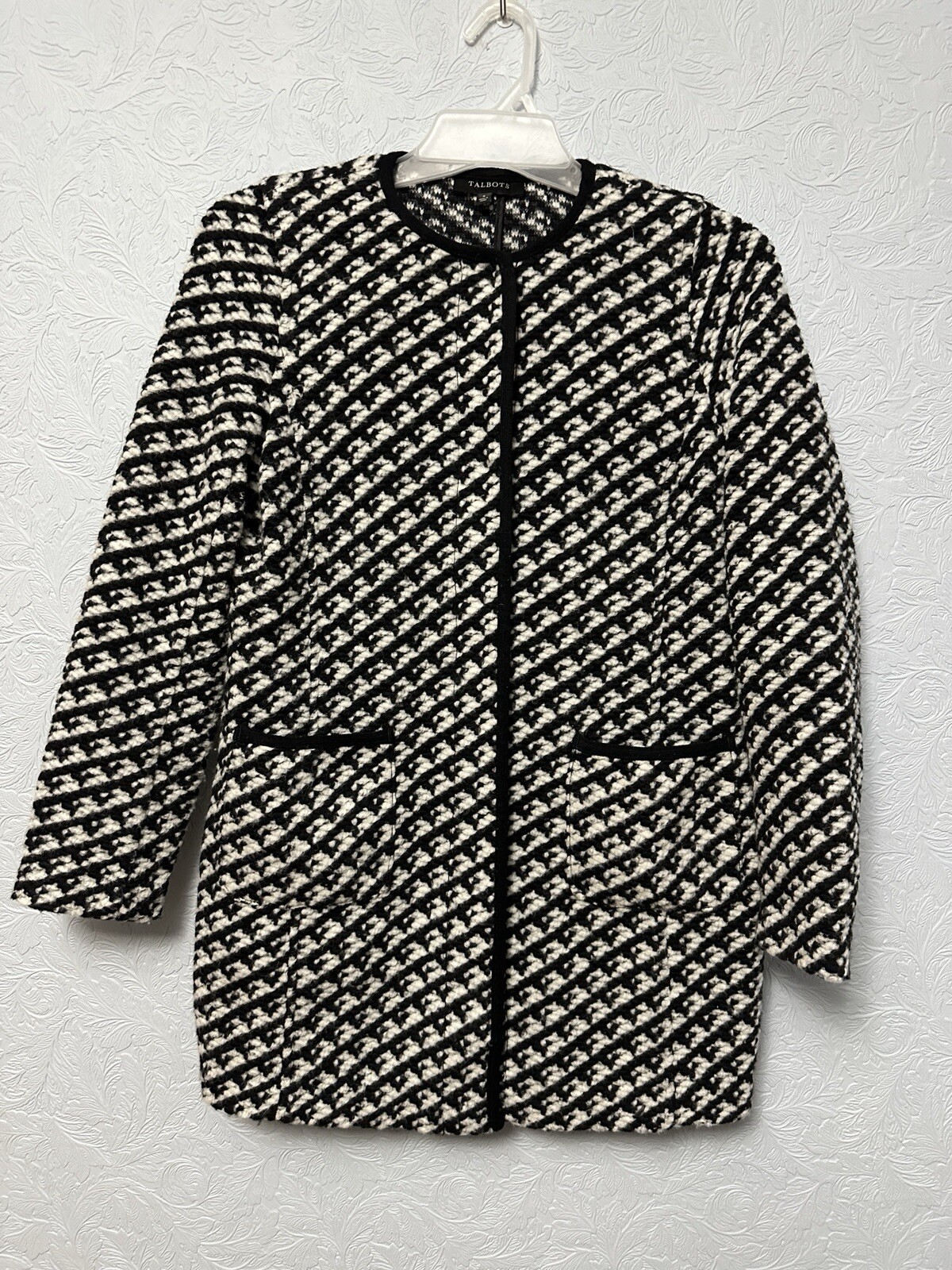 Talbots Sz Small Black & White Chunky Wool Blend Longline Cardigan With Pockets