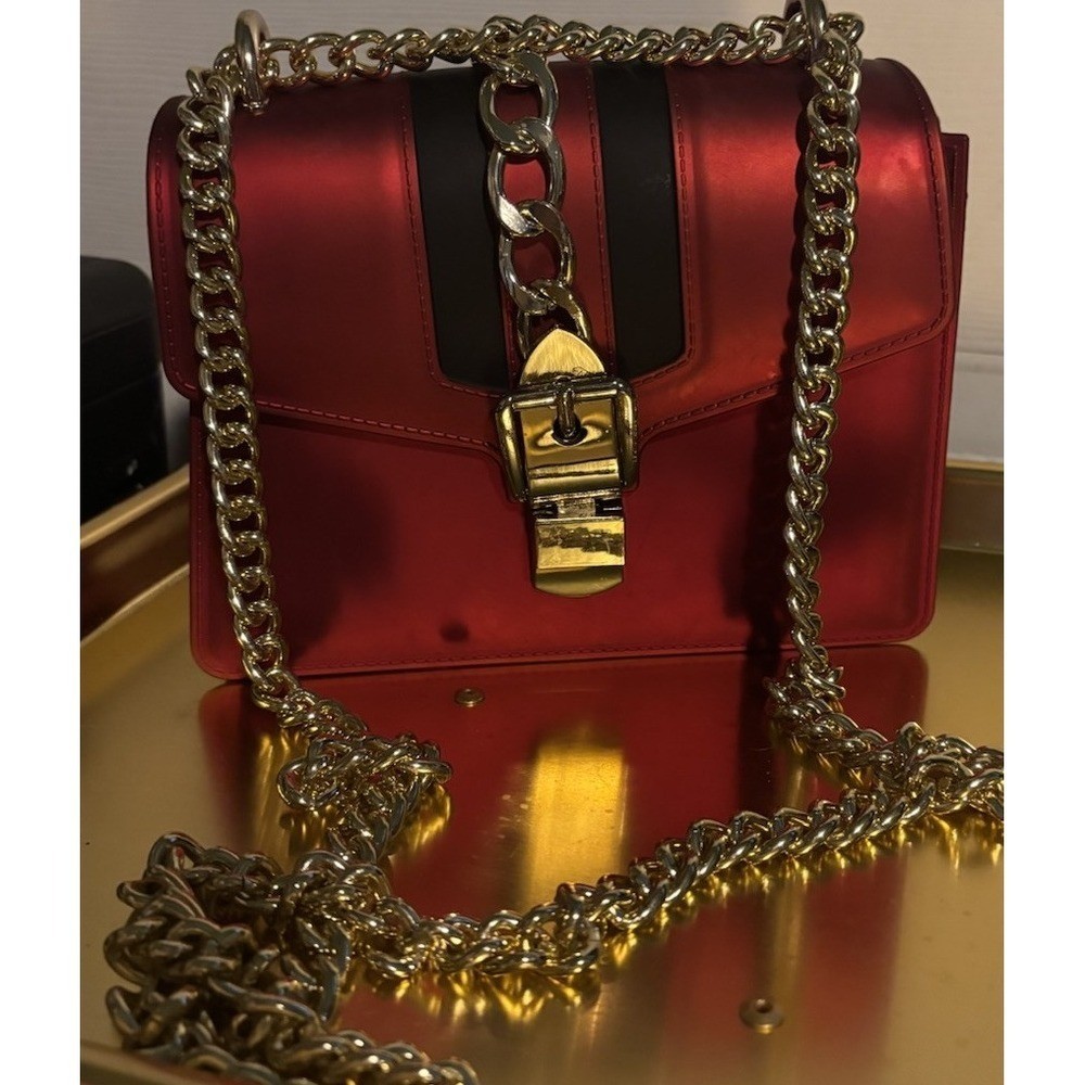 Red bag Metallic Gold Chain link strap evening Purse