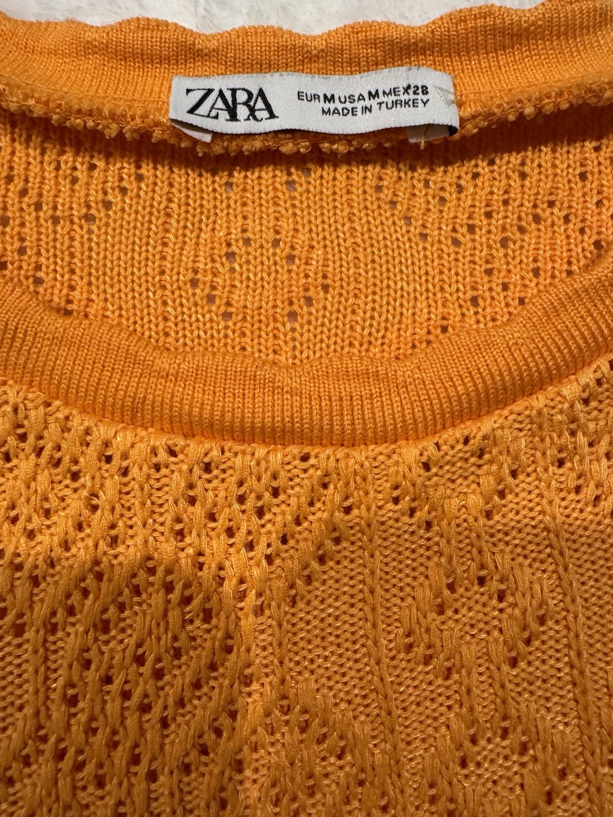 Zara Womens Orange Pointelle Knit Short Sleeve Top Crew Neck Eyelet Sweater M
