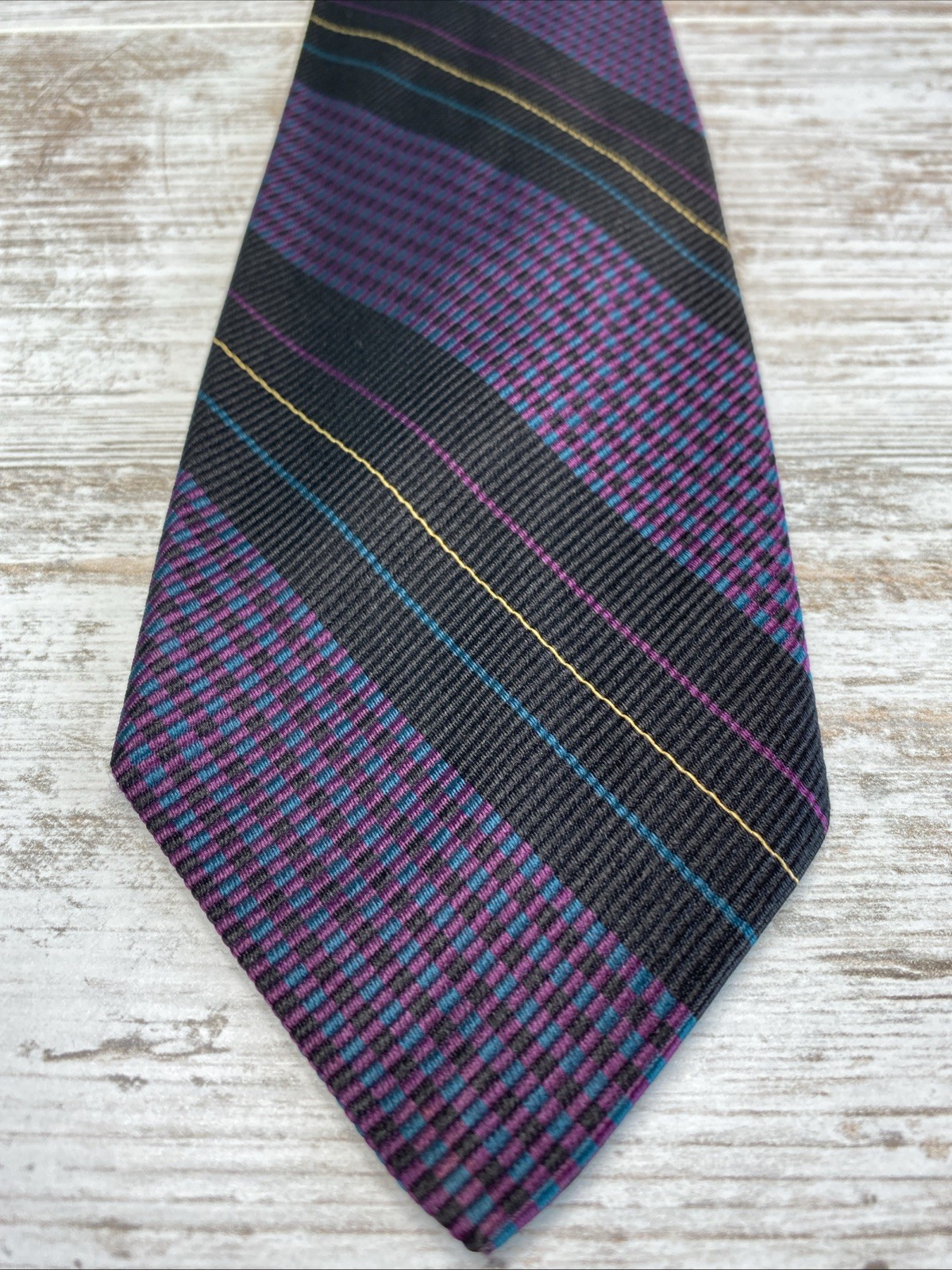 Robert Talbott Tie Andrisen Morton Black Purple Teal Stripe Silk Necktie 58×3.25
