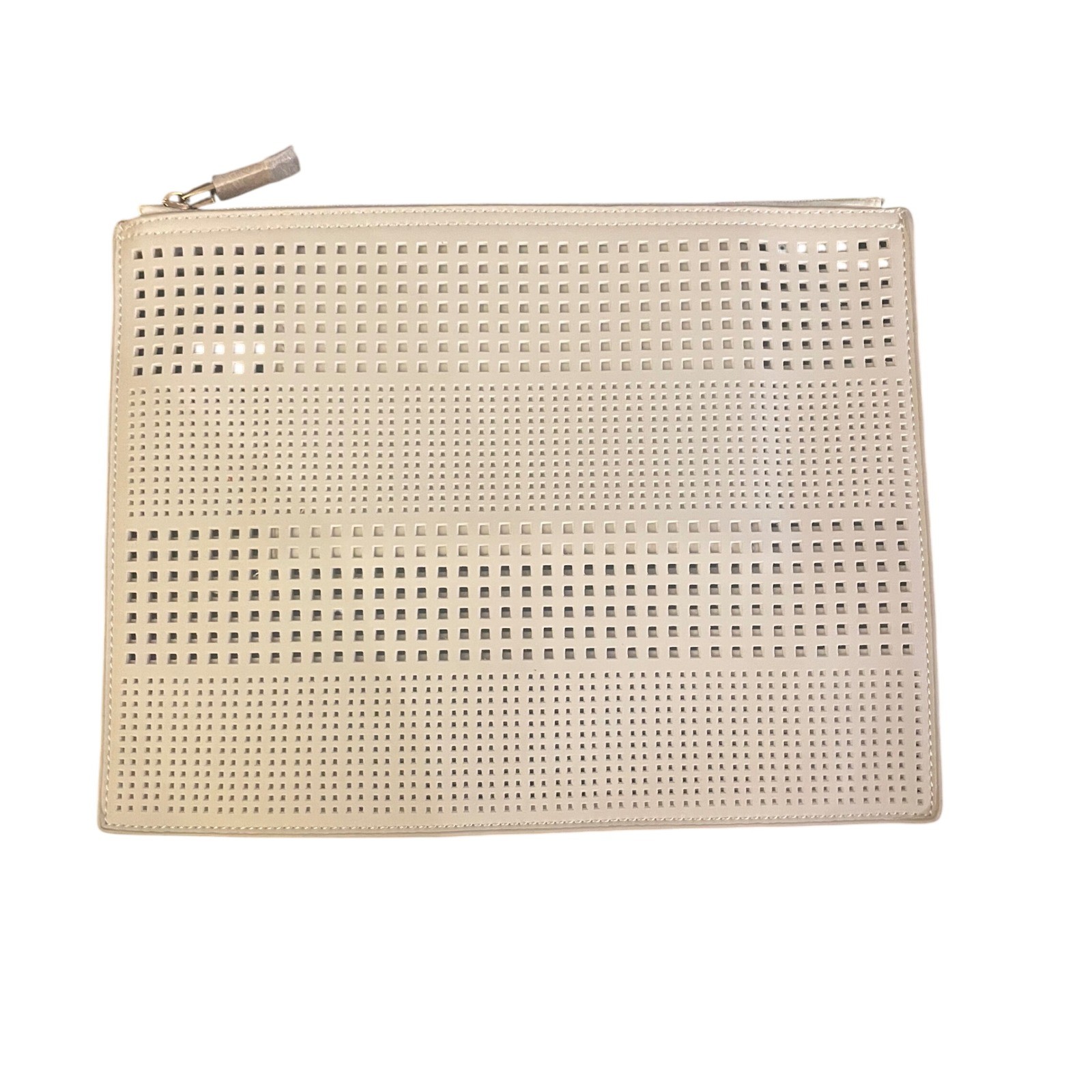 Deux Lux Cream Vegan Leather Perforated Laser Cut Zip Top Clutch Bag Pouch
