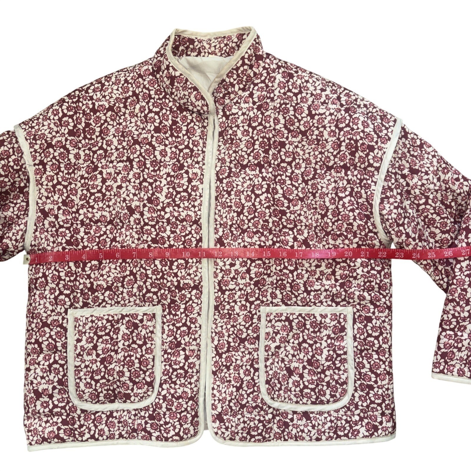 Quilted Floral Jacket Burgundy Cream Mock Neck Boxy Pockets Hook Eye Closure