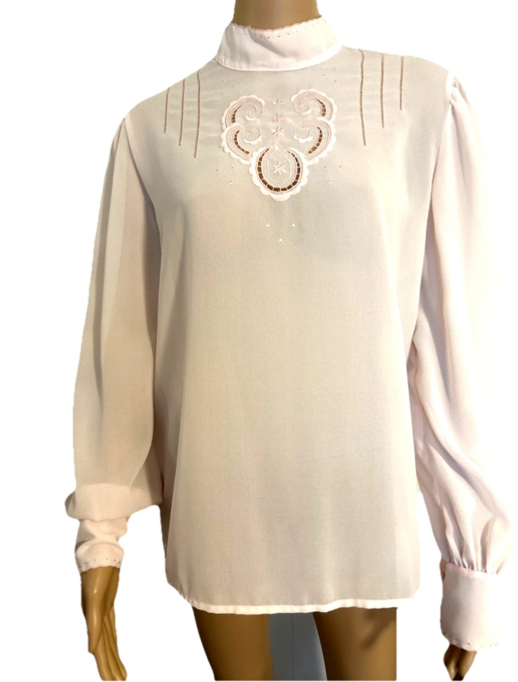 VTG Lloyd Williams Top Blouse Powder Pink Hand Embroidered Cut Chiffon 12 M sz
