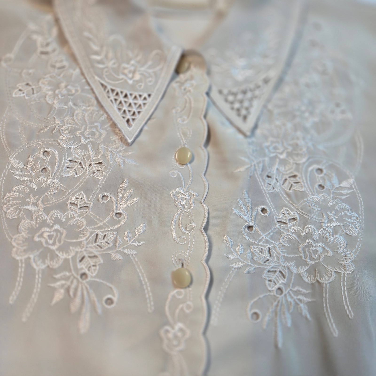 Vintage Embroidered Short Sleeve Blouse with Lace Detail