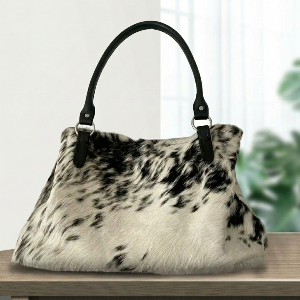 Genuine Cowhide Leather Tote Bag Handmade Brown & White Hair-On Purse new style