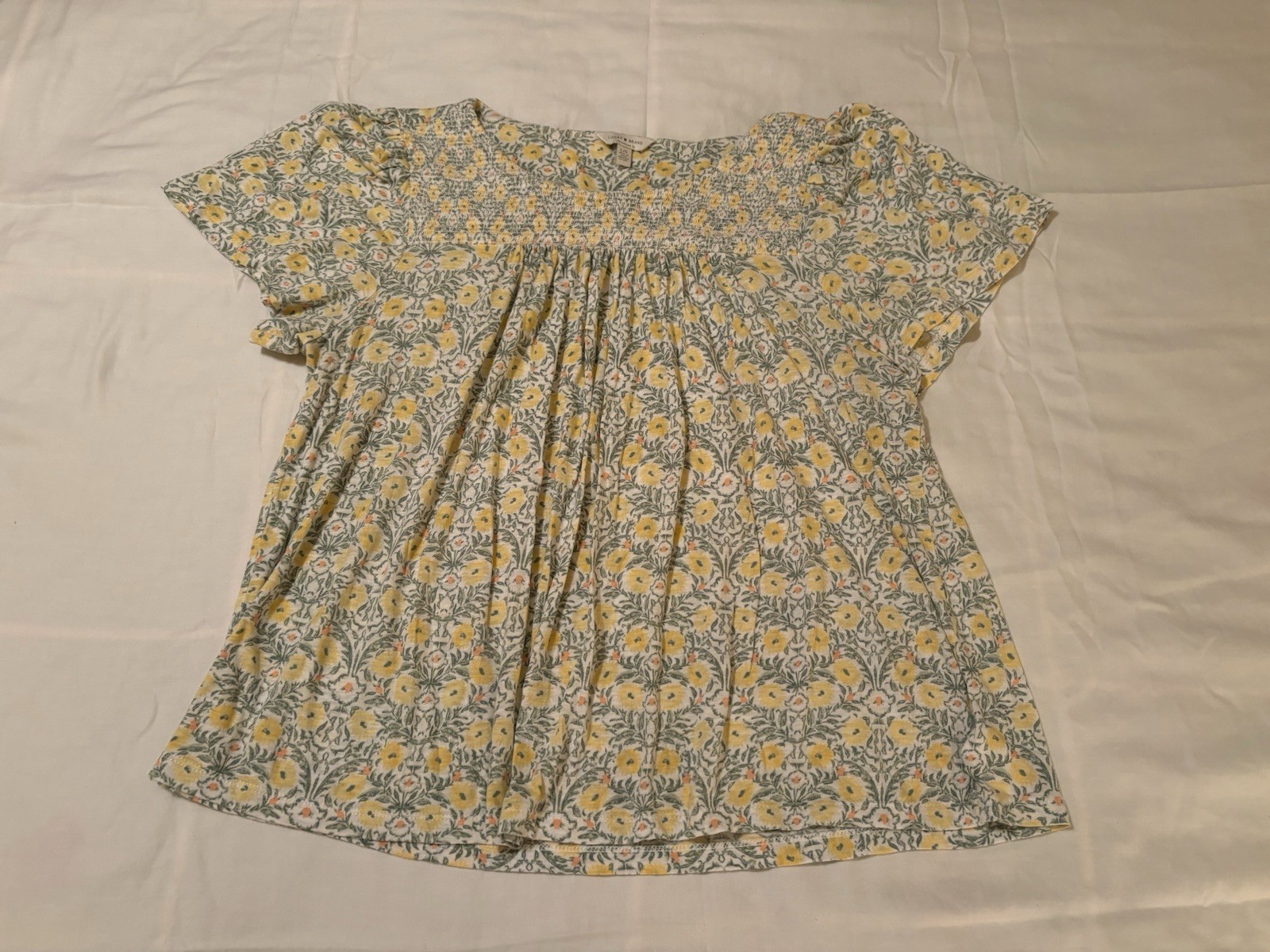 Lucky Brand L Yellow Green Floral Knit Square Neck Smocked Flutter Sleeve Blouse